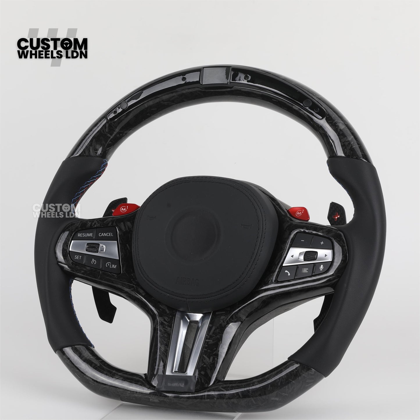 BMW Custom G Series Forged Carbon Steering Wheel with LED Display & Carbon Paddles – Flat Bottom – Fits G20 G21 G22 G23 G30 G31 G32 G14 G15 G16 G01 G02 + more