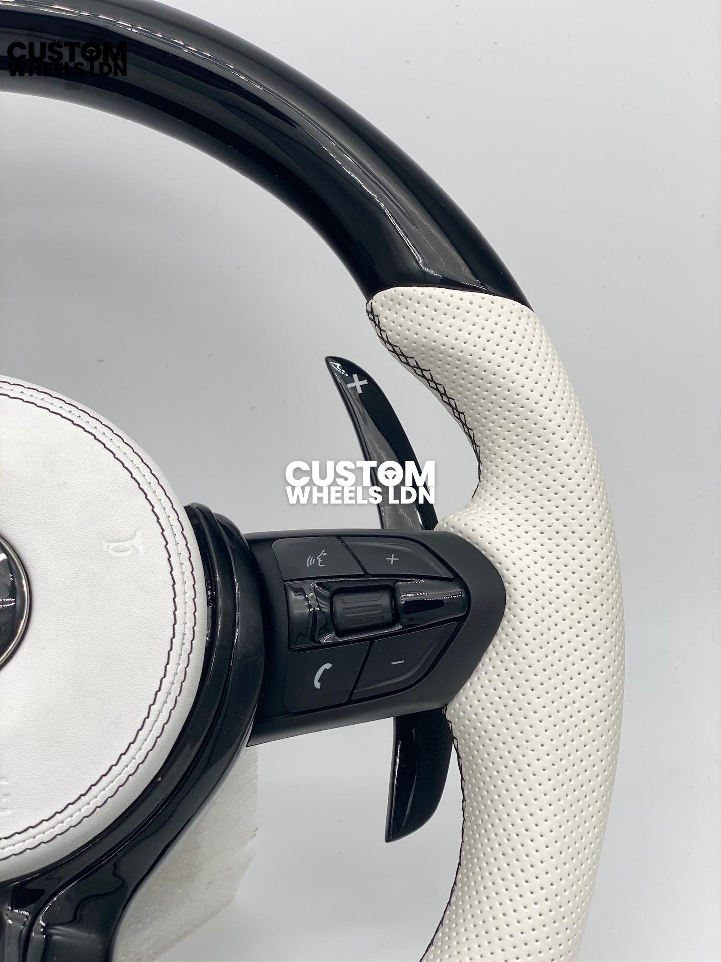 BMW Custom Flat Bottom Steering Wheel – Gloss Carbon, White Perforated Leather, Black Buttons, White Stripe | Fits F20, F22, F30, F32, F36, F87 + more | Plug & Play | Complete with Airbag | Upgrade for Older Models Available