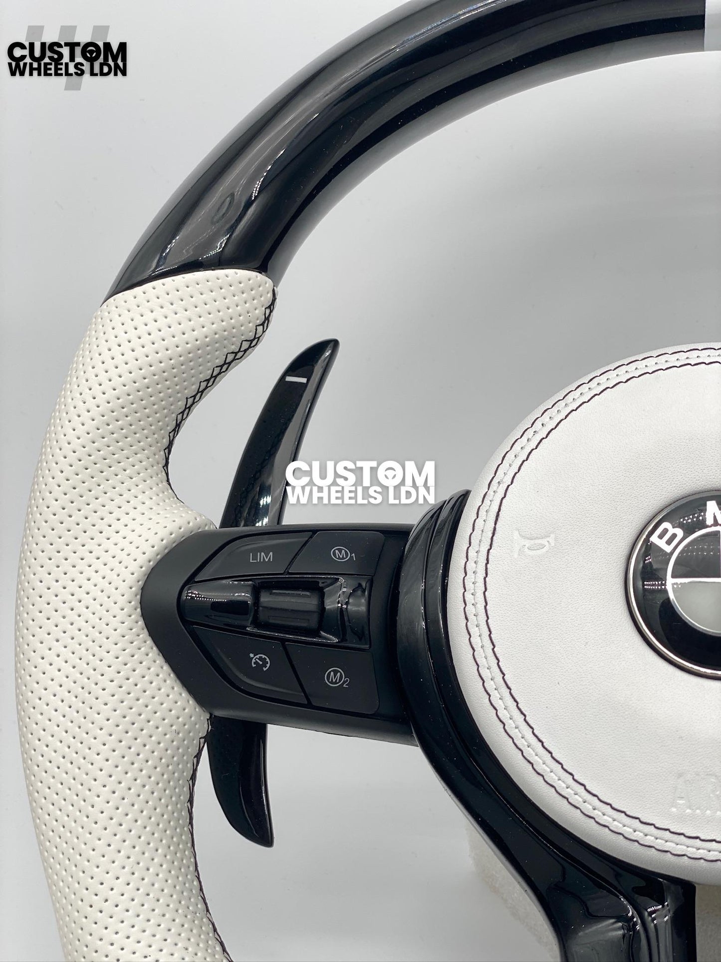 BMW Custom Flat Bottom Steering Wheel – Gloss Carbon, White Perforated Leather, Black Buttons, White Stripe | Fits F20, F22, F30, F32, F36, F87 + more | Plug & Play | Complete with Airbag | Upgrade for Older Models Available