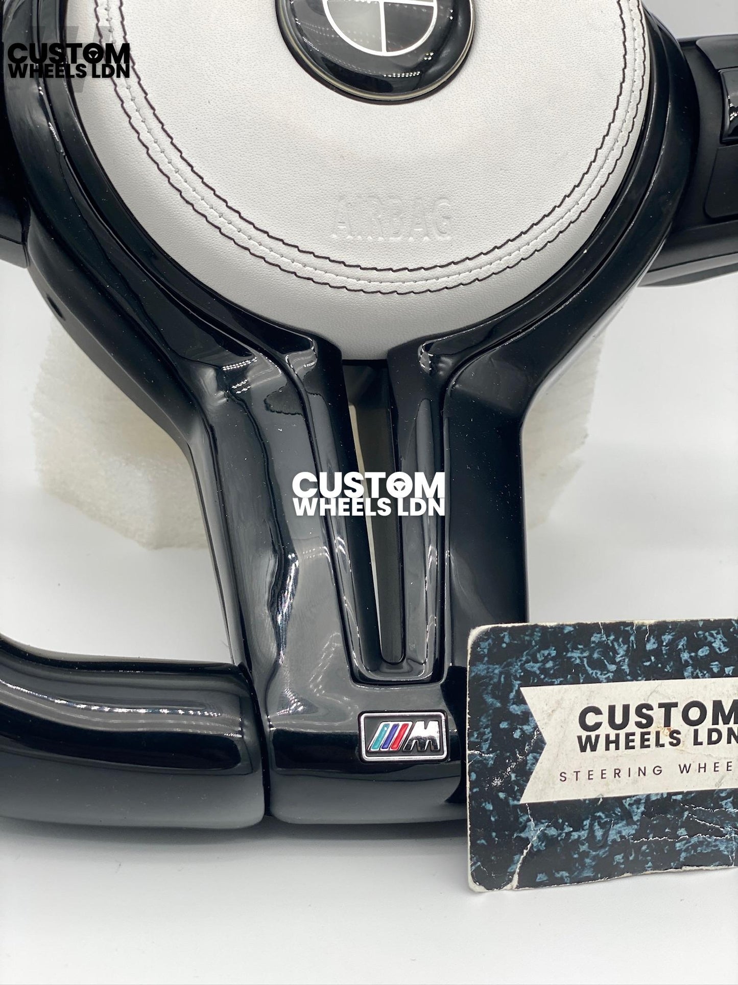 BMW Custom Flat Bottom Steering Wheel – Gloss Carbon, White Perforated Leather, Black Buttons, White Stripe | Fits F20, F22, F30, F32, F36, F87 + more | Plug & Play | Complete with Airbag | Upgrade for Older Models Available