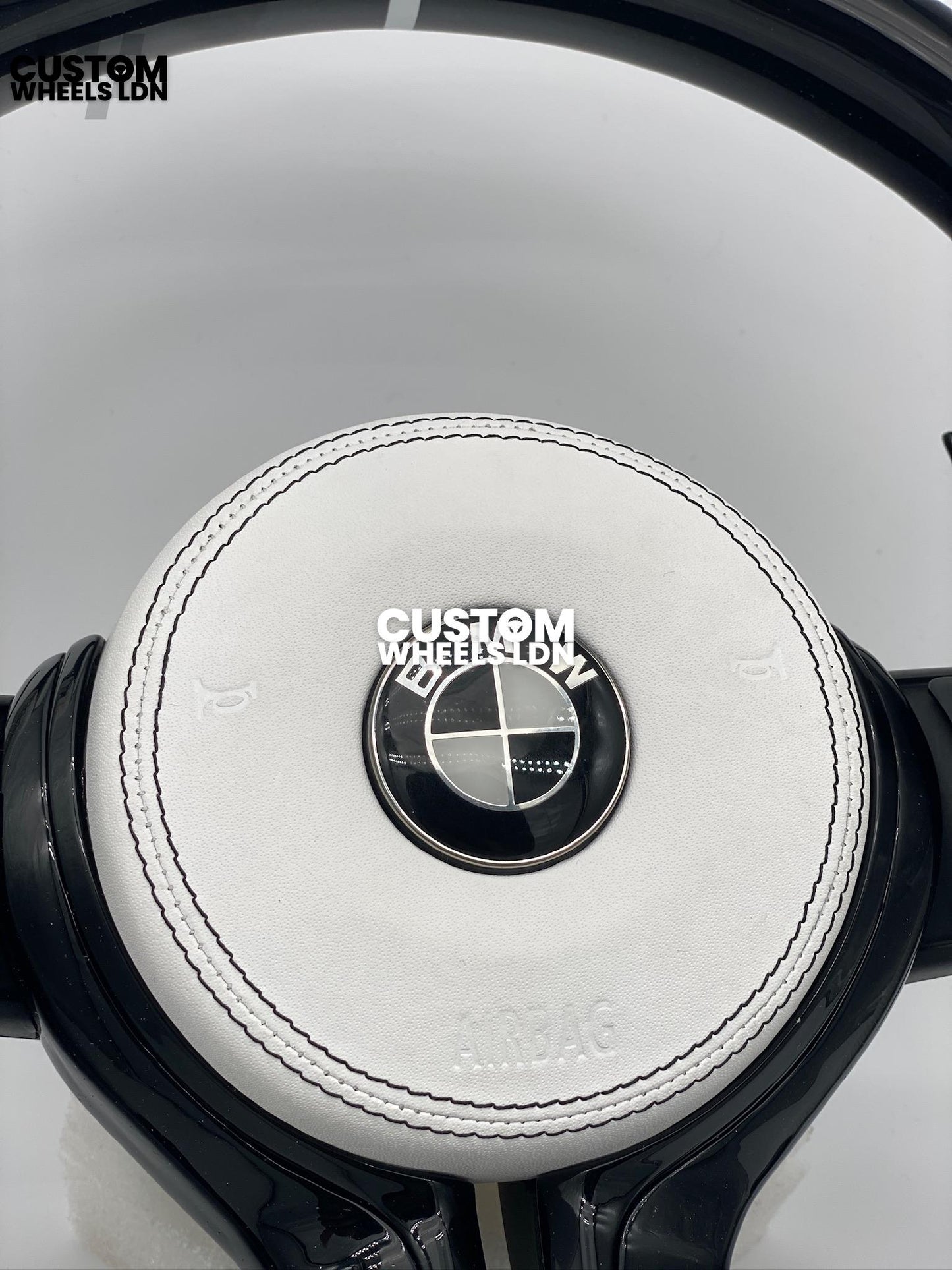 BMW Custom Flat Bottom Steering Wheel – Gloss Carbon, White Perforated Leather, Black Buttons, White Stripe | Fits F20, F22, F30, F32, F36, F87 + more | Plug & Play | Complete with Airbag | Upgrade for Older Models Available
