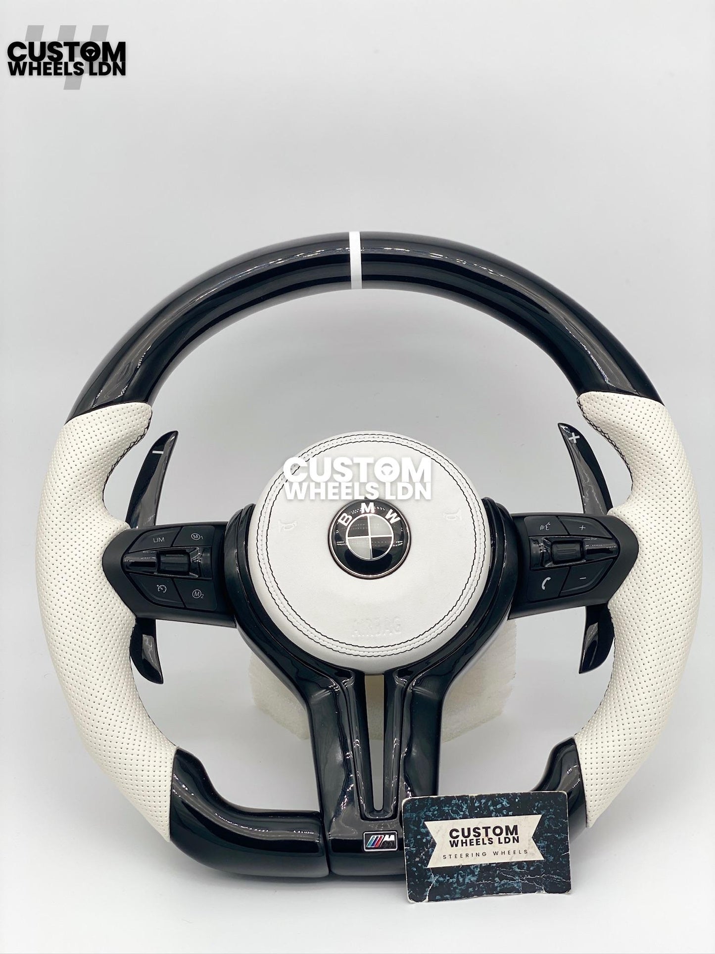 BMW Custom Flat Bottom Steering Wheel – Gloss Carbon, White Perforated Leather, Black Buttons, White Stripe | Fits F20, F22, F30, F32, F36, F87 + more | Plug & Play | Complete with Airbag | Upgrade for Older Models Available