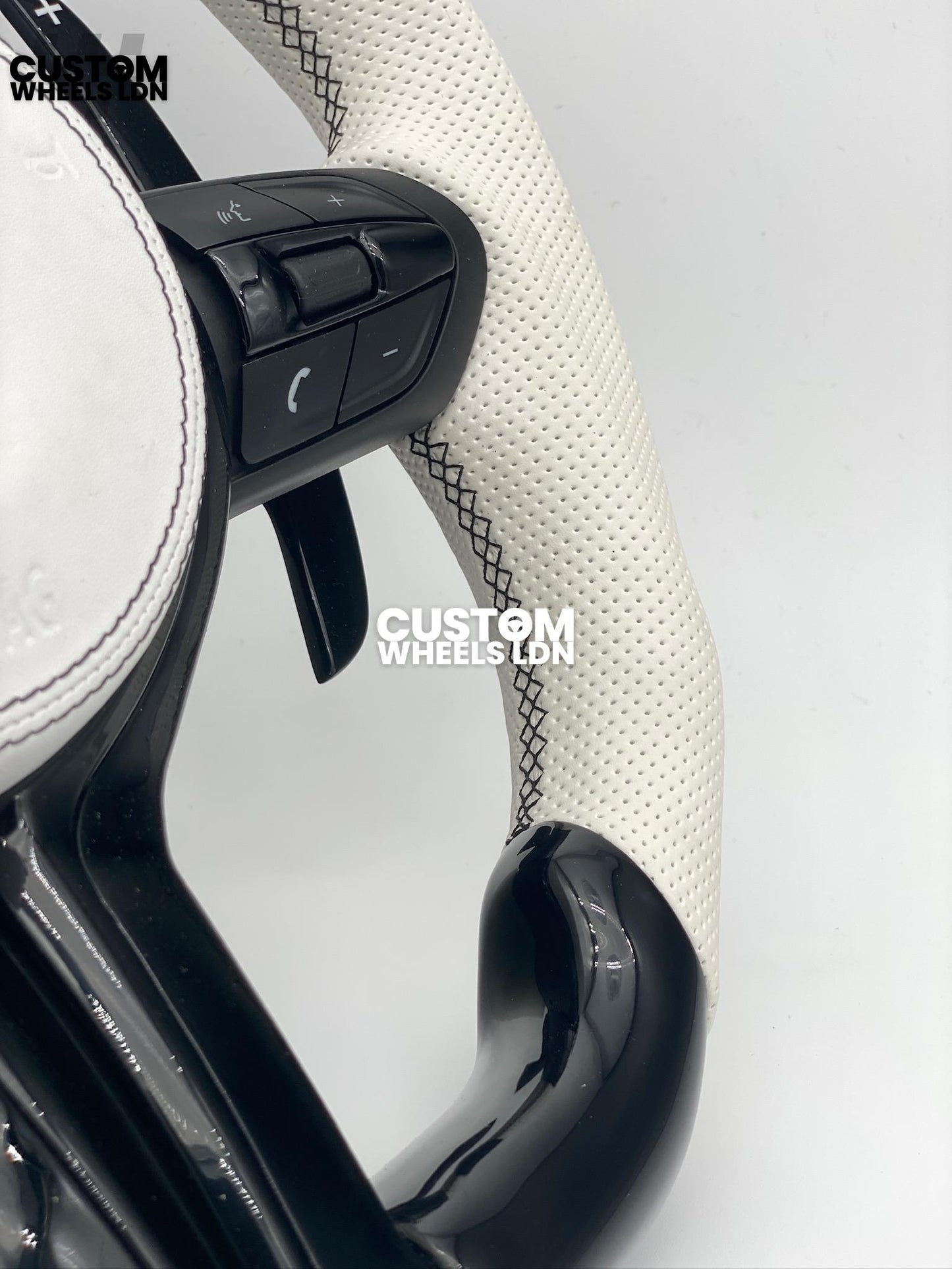 BMW Custom Flat Bottom Steering Wheel – Gloss Carbon, White Perforated Leather, Black Buttons, White Stripe | Fits F20, F22, F30, F32, F36, F87 + more | Plug & Play | Complete with Airbag | Upgrade for Older Models Available
