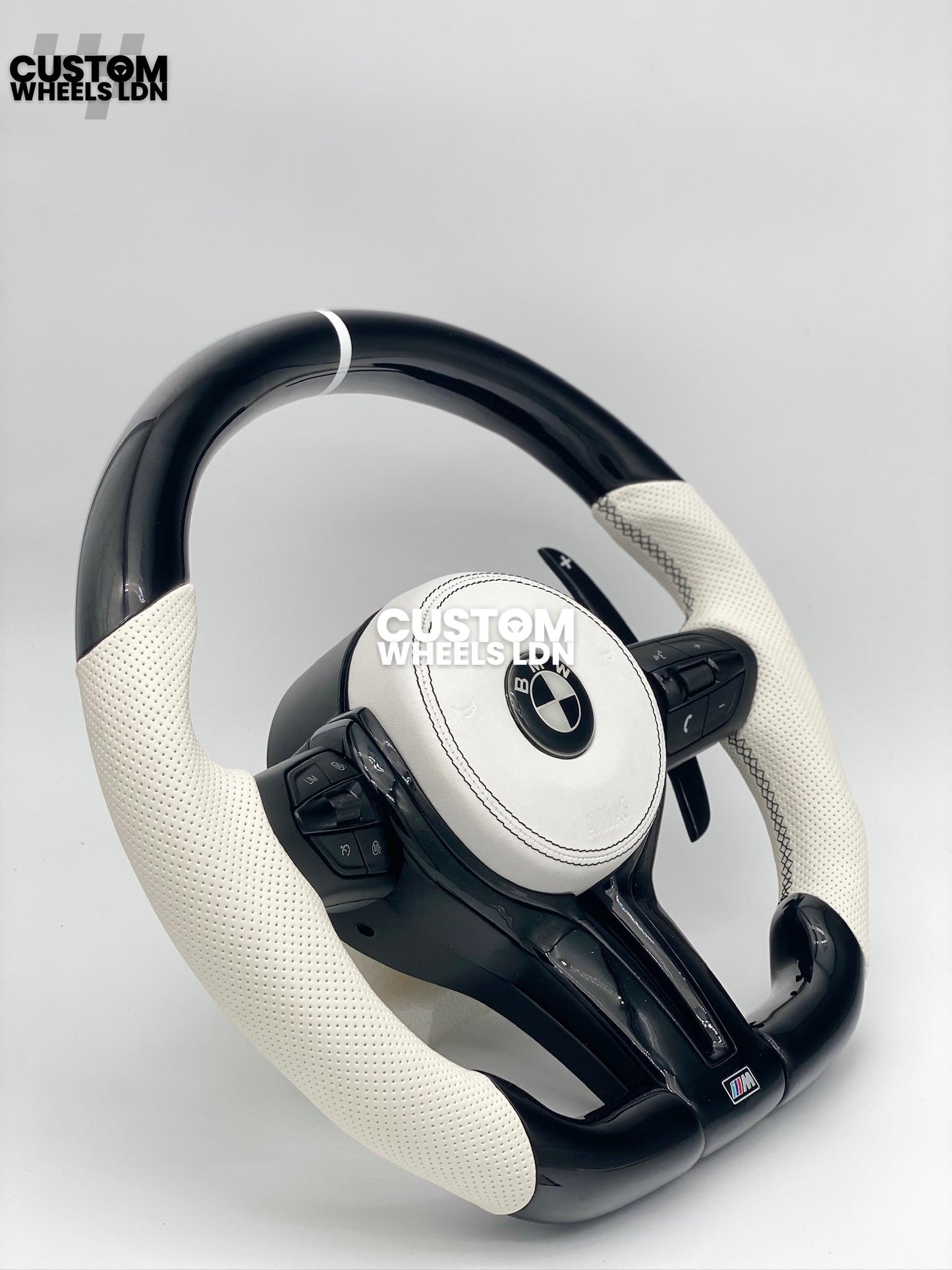 BMW Custom Flat Bottom Steering Wheel – Gloss Carbon, White Perforated Leather, Black Buttons, White Stripe | Fits F20, F22, F30, F32, F36, F87 + more | Plug & Play | Complete with Airbag | Upgrade for Older Models Available