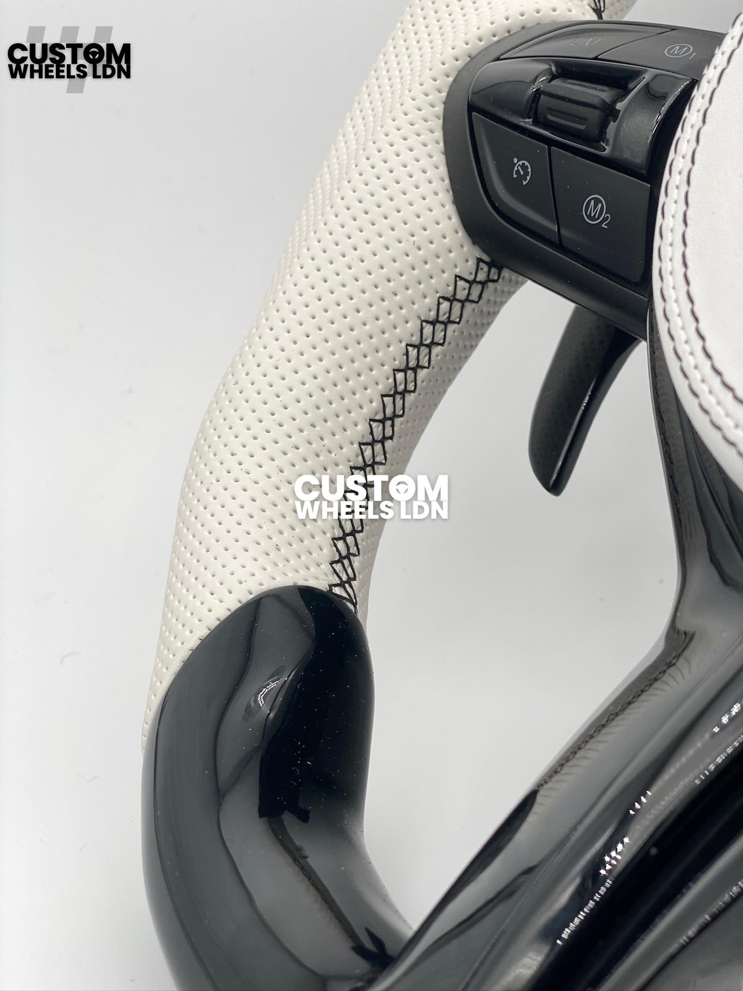 BMW Custom Flat Bottom Steering Wheel – Gloss Carbon, White Perforated Leather, Black Buttons, White Stripe | Fits F20, F22, F30, F32, F36, F87 + more | Plug & Play | Complete with Airbag | Upgrade for Older Models Available
