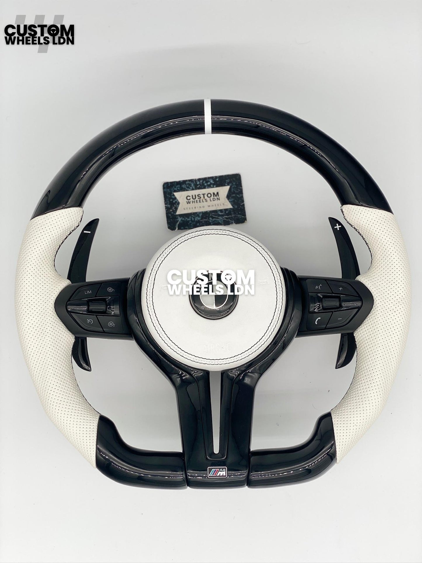 BMW Custom Flat Bottom Steering Wheel – Gloss Carbon, White Perforated Leather, Black Buttons, White Stripe | Fits F20, F22, F30, F32, F36, F87 + more | Plug & Play | Complete with Airbag | Upgrade for Older Models Available