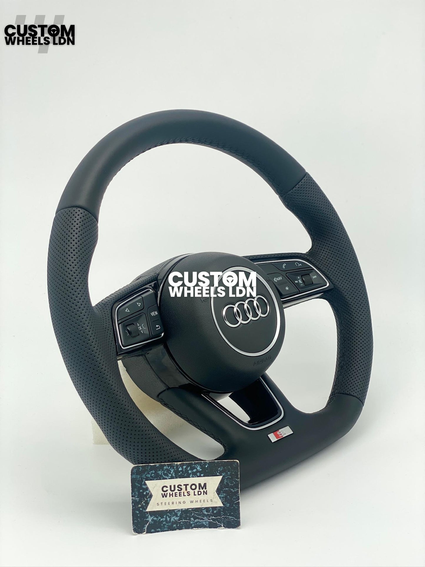 Audi Custom Flat Bottom Steering Wheel – Smooth Leather, Perforated Grips, OEM Short Paddles, Stock Buttons | Fits A3, A4, A5, S3, S4, Q3 + more | Plug & Play | With Airbag | Guaranteed Fit | Upgrade for Older Models Available