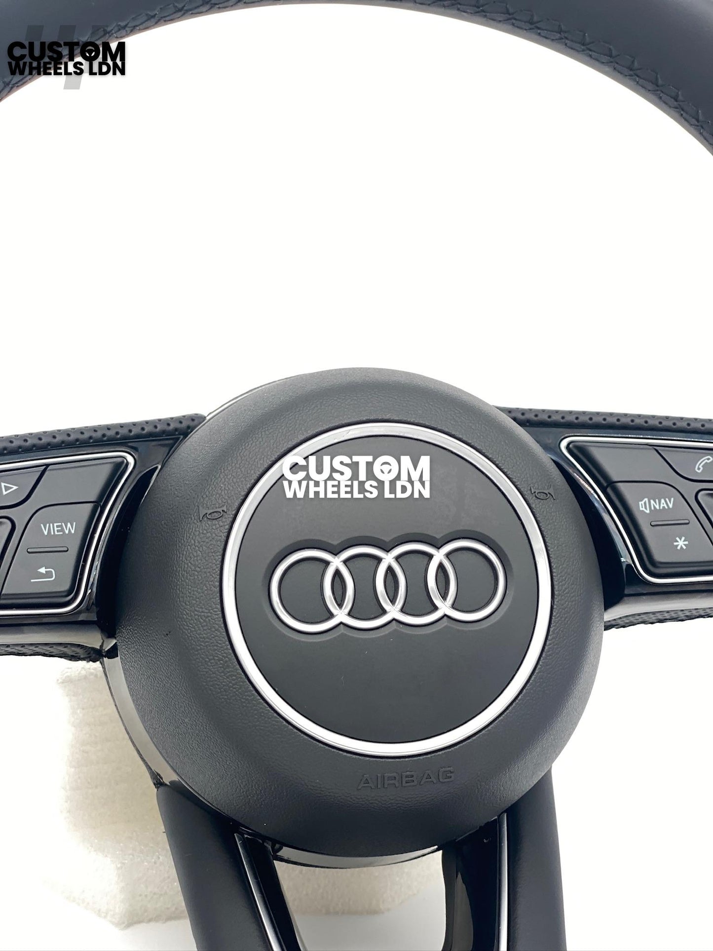 Audi Custom Flat Bottom Steering Wheel – Smooth Leather, Perforated Grips, OEM Short Paddles, Stock Buttons | Fits A3, A4, A5, S3, S4, Q3 + more | Plug & Play | With Airbag | Guaranteed Fit | Upgrade for Older Models Available