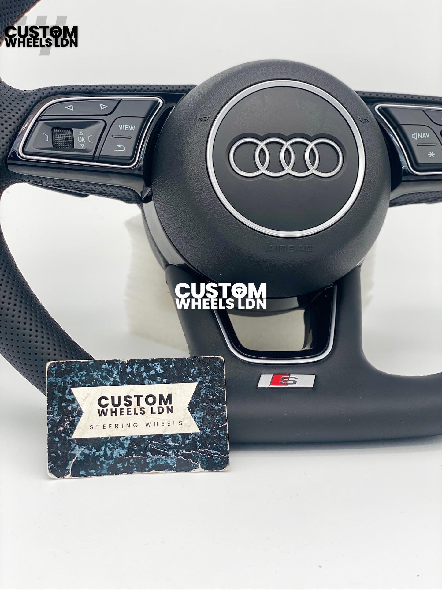 Audi Custom Flat Bottom Steering Wheel – Smooth Leather, Perforated Grips, OEM Short Paddles, Stock Buttons | Fits A3, A4, A5, S3, S4, Q3 + more | Plug & Play | With Airbag | Guaranteed Fit | Upgrade for Older Models Available