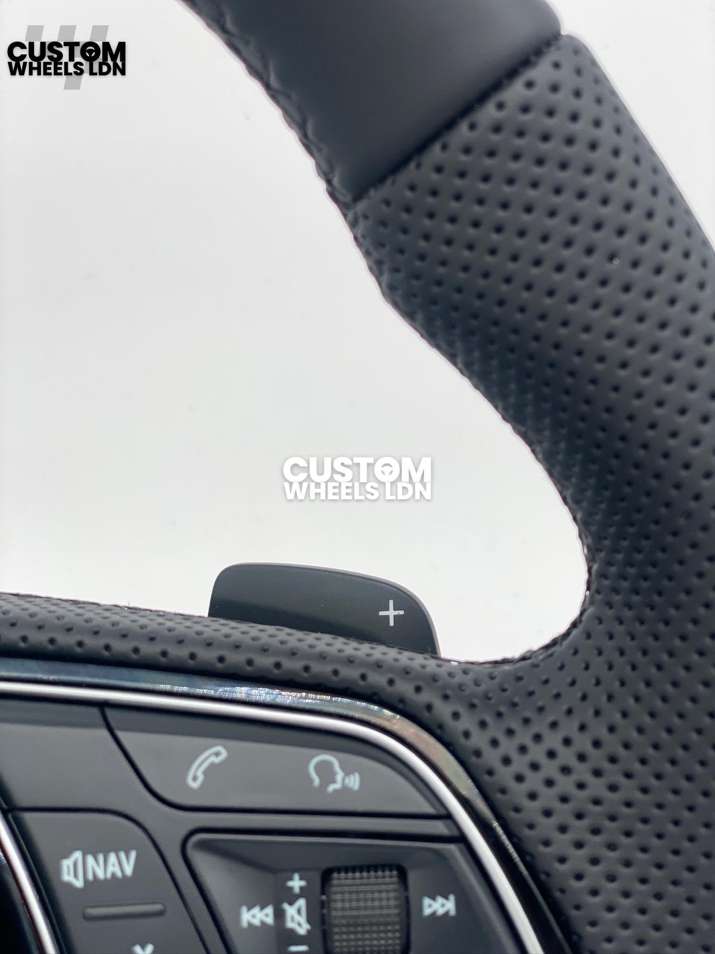 Audi Custom Flat Bottom Steering Wheel – Smooth Leather, Perforated Grips, OEM Short Paddles, Stock Buttons | Fits A3, A4, A5, S3, S4, Q3 + more | Plug & Play | With Airbag | Guaranteed Fit | Upgrade for Older Models Available