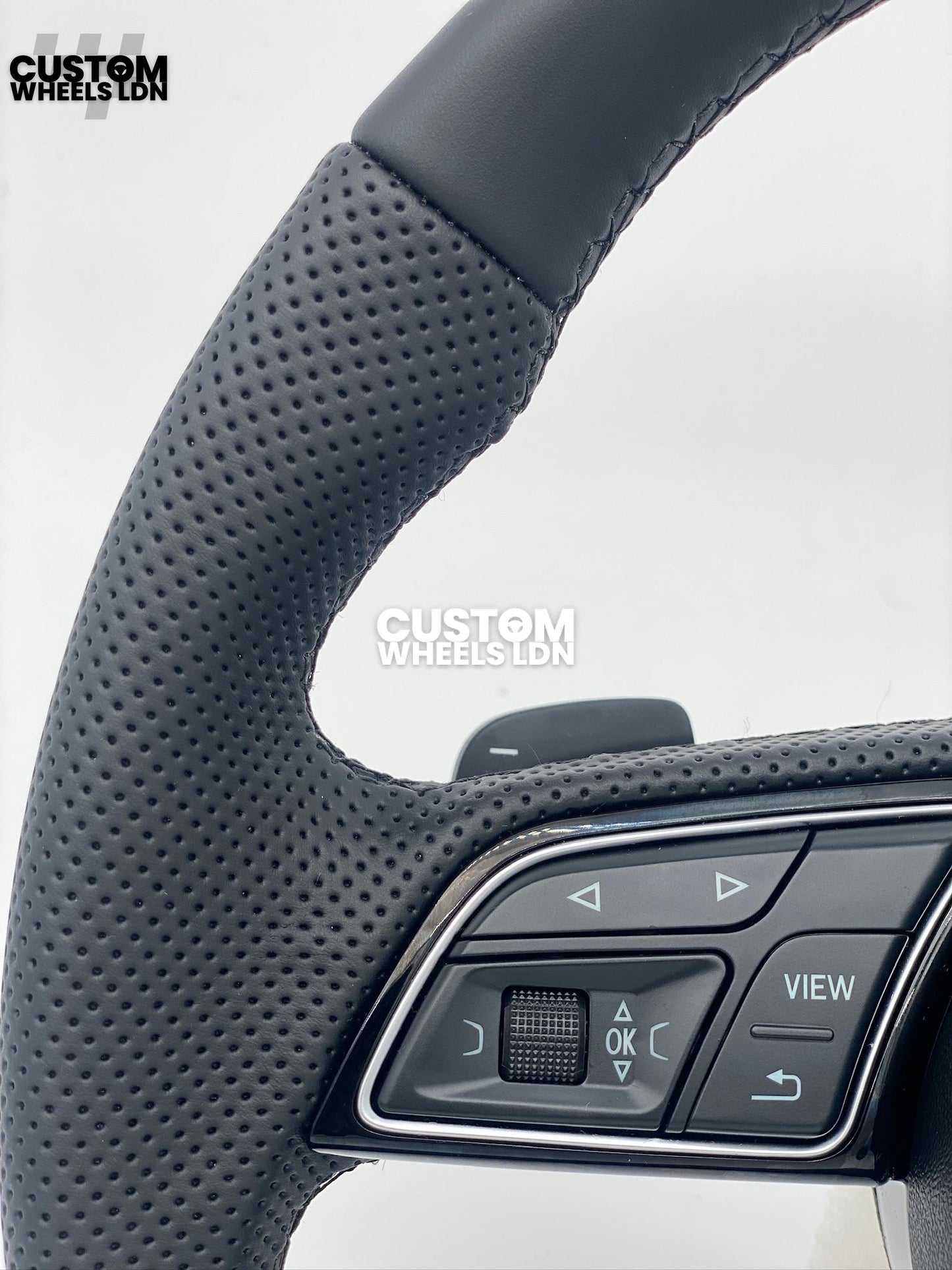 Audi Custom Flat Bottom Steering Wheel – Smooth Leather, Perforated Grips, OEM Short Paddles, Stock Buttons | Fits A3, A4, A5, S3, S4, Q3 + more | Plug & Play | With Airbag | Guaranteed Fit | Upgrade for Older Models Available