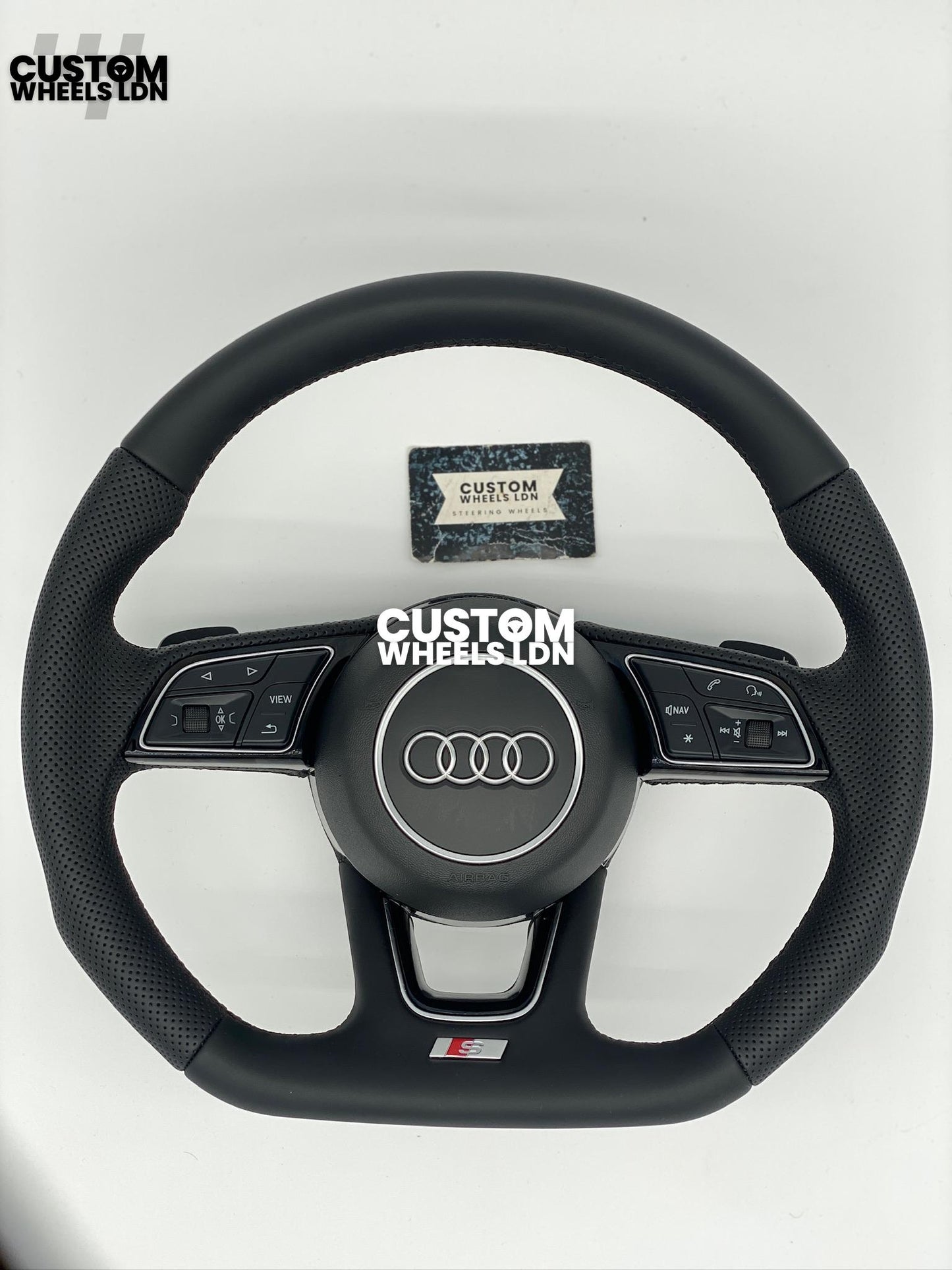 Audi Custom Flat Bottom Steering Wheel – Smooth Leather, Perforated Grips, OEM Short Paddles, Stock Buttons | Fits A3, A4, A5, S3, S4, Q3 + more | Plug & Play | With Airbag | Guaranteed Fit | Upgrade for Older Models Available