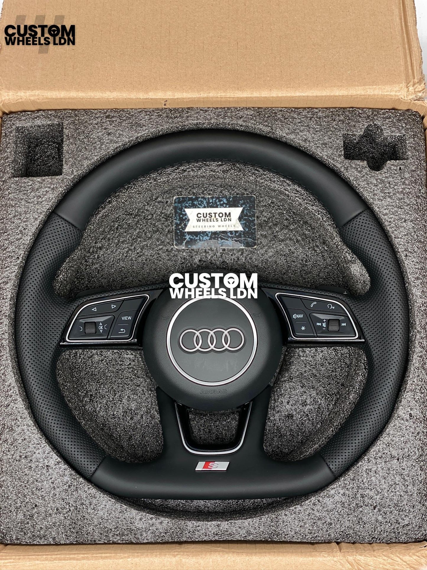 Audi Custom Flat Bottom Steering Wheel – Smooth Leather, Perforated Grips, OEM Short Paddles, Stock Buttons | Fits A3, A4, A5, S3, S4, Q3 + more | Plug & Play | With Airbag | Guaranteed Fit | Upgrade for Older Models Available