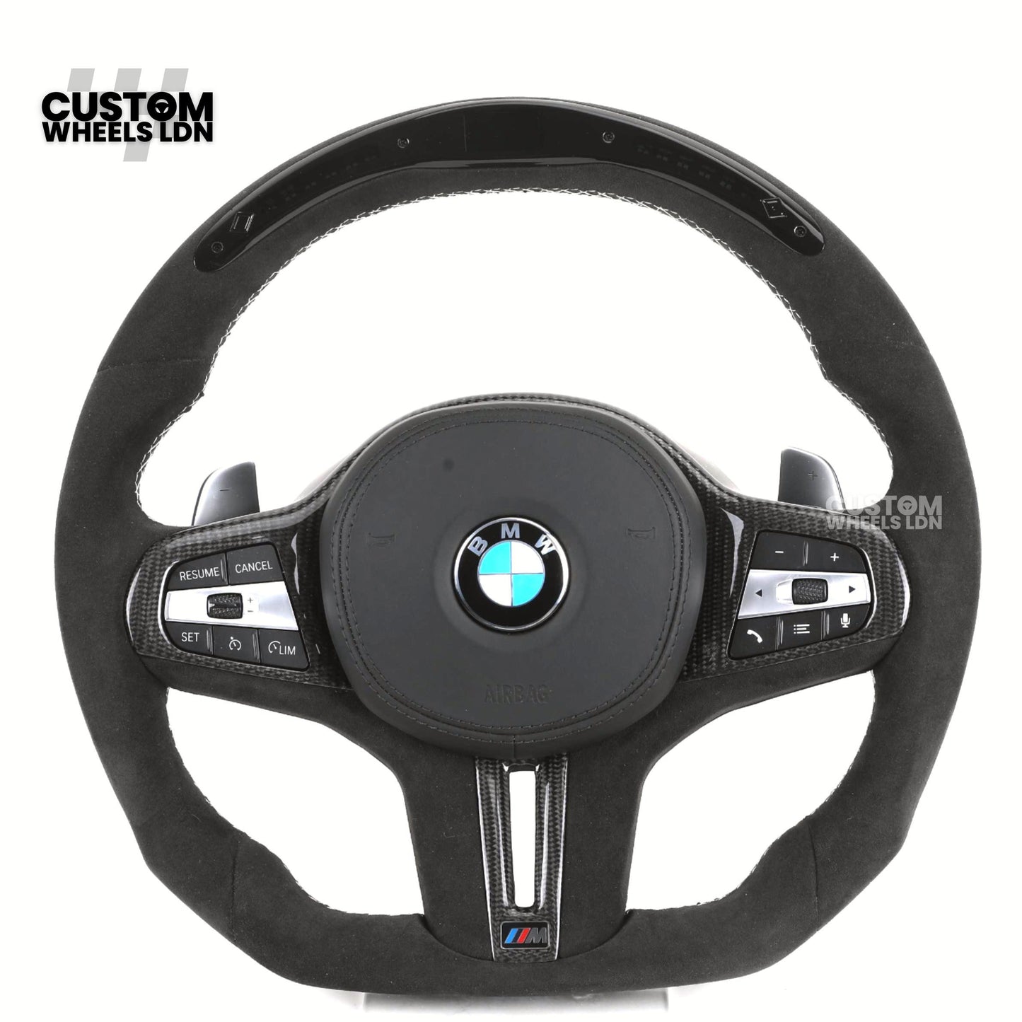 BMW Custom LED Alcantara Flat Bottom Steering Wheel – Carbon Trim – Fits F20 F22 F30 F32 F36 F80 F82 F87 F10 F12 F13 + more