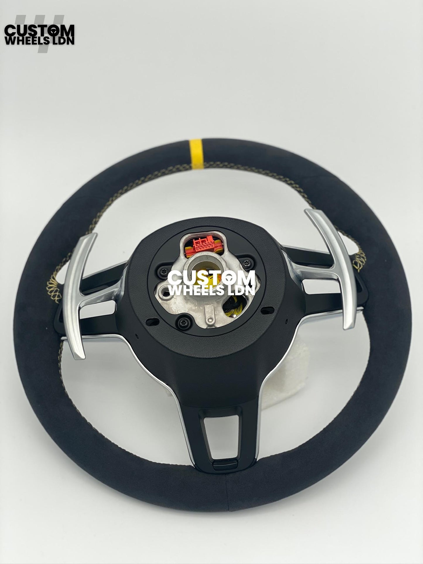 Porsche Custom GT3 RS-Style Steering Wheel – Alcantara, Yellow Stripe & Stitching, Silver Extended Paddles | Fits 997.1, 997.2, 991.1, Boxster, Cayman, Cayenne, Panamera + more | Plug & Play | With Airbag | Upgrade for Older Models Available