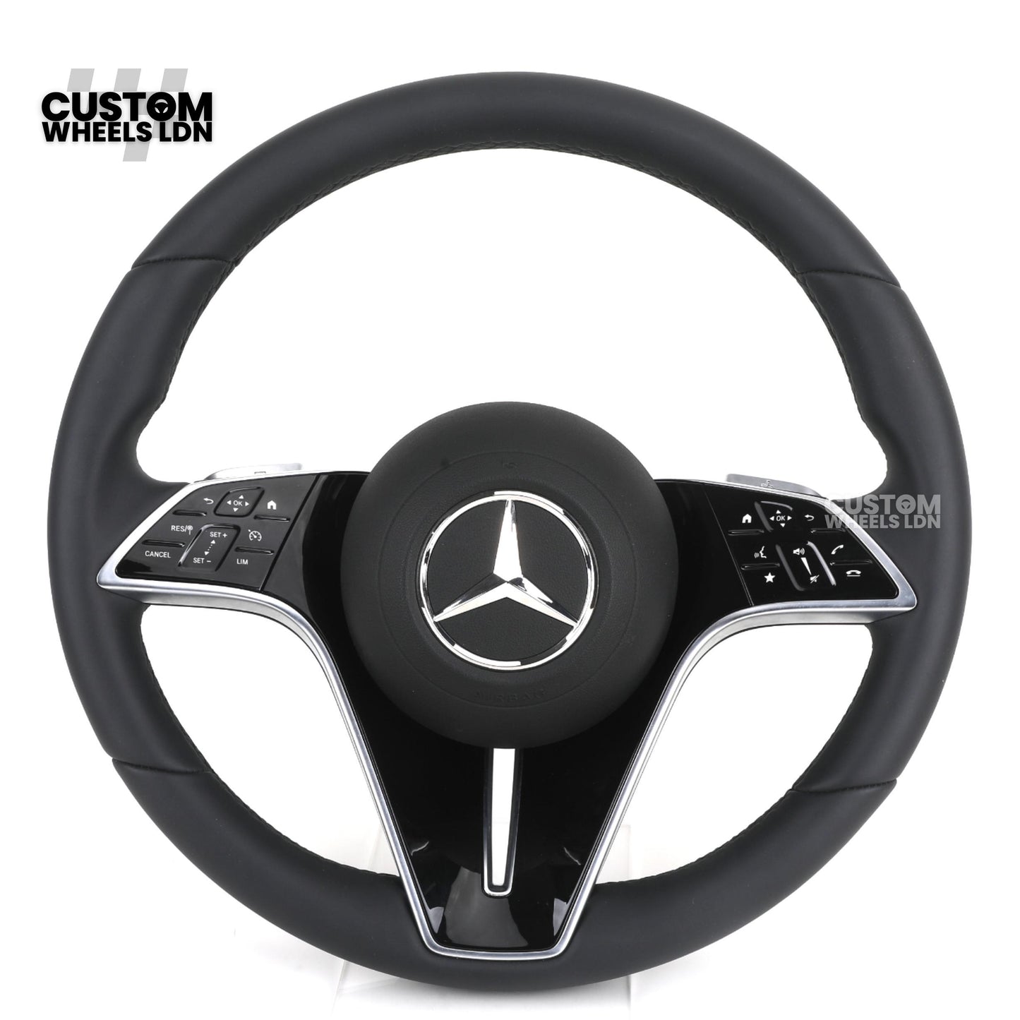 Mercedes Custom W223 Flat Bottom Steering Wheel – Smooth Black Leather, Gloss Black Trim, Touch Control Buttons | Fits S-Class W223, GLE, GLS, E-Class W213 Facelift + more | Plug & Play | With Airbag | Retrofit Upgrade for Older Models Available