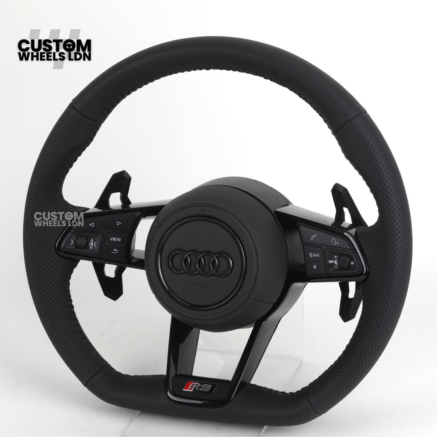 Audi Custom R8-Style Flat Bottom Steering Wheel – Black Leather, Black Stitching, Black Paddles | Fits A4, A5, S5, A6, A7, S6, S7, Q5, SQ5 + more | Plug & Play | With Airbag | Upgrade for Older Models Available