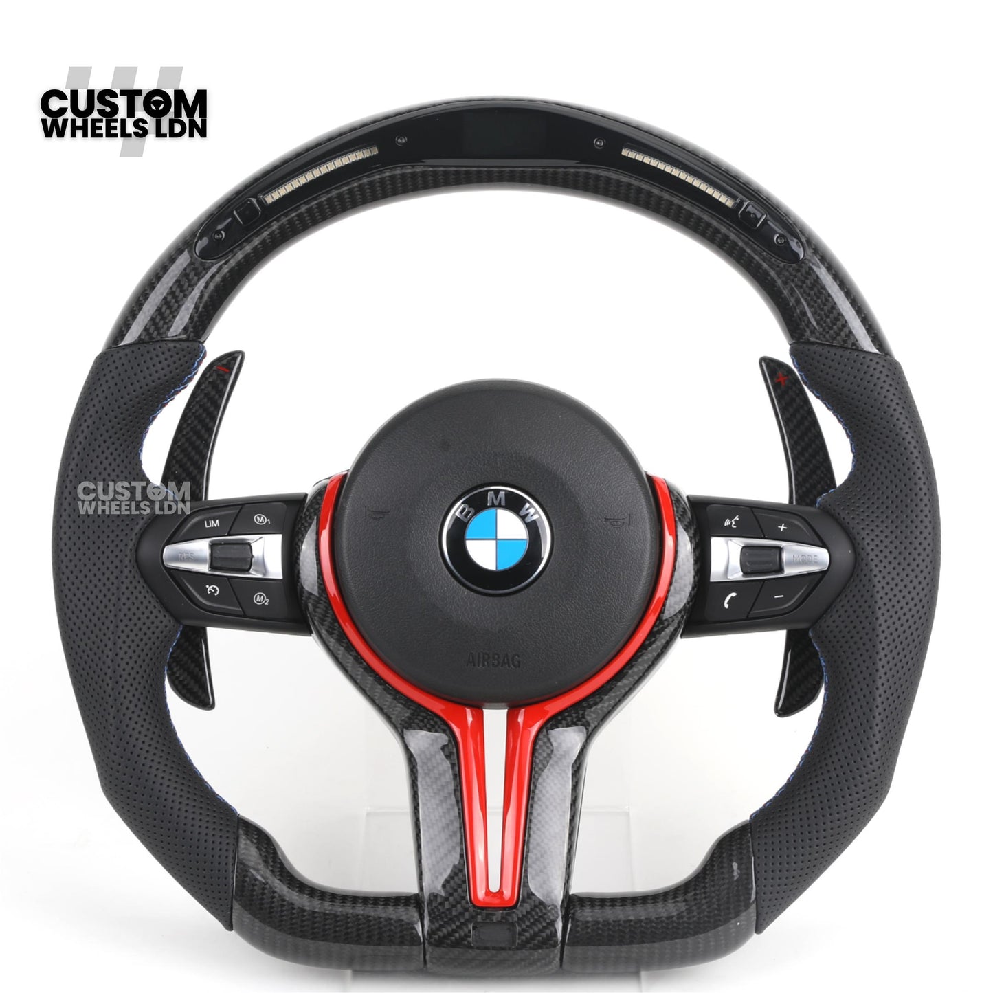 BMW Custom LED Steering Wheel – Carbon Fibre with Red Trim, Perforated Leather, Flat Bottom | Fits 1/2/3/4 Series, X1, X2 + more
