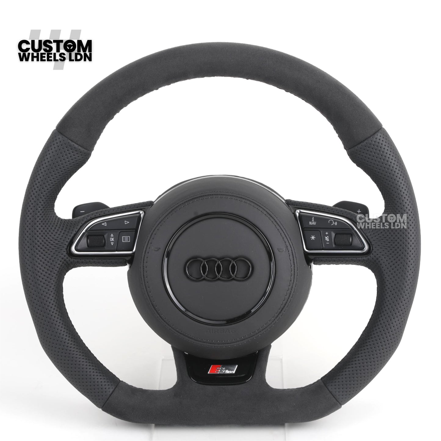 Audi 8V Custom S-Line Flat Bottom Steering Wheel – Black Leather, Black Stitching, Silver Paddles, S-Line Badge | Fits A1, A3, S3, A4, A5, Q2, Q3, Q5 + more | Plug & Play | With Airbag | Upgrade for Older Models Available