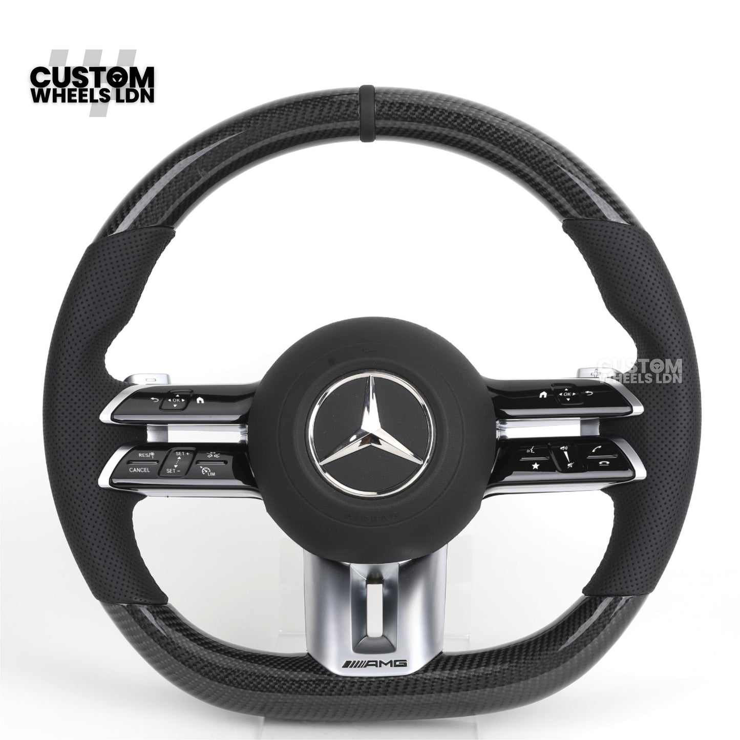 Mercedes Custom W223 AMG Flat Bottom Steering Wheel – Carbon Top & Bottom, Perforated Leather Grip, Gloss Black Trim, Touch Control Buttons | Fits C63, E63, S63, GLE, GLS, S-Class W223 + more | Plug & Play | With Airbag | Retrofit Upgrade for Older Models