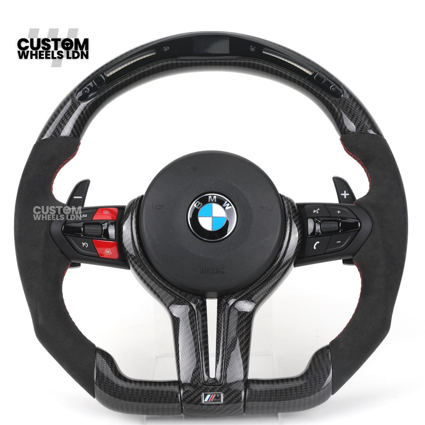 BMW Custom LED Steering Wheel – Gloss Carbon Fibre with Alcantara & Red Accents | M-Sport Style | Fits 3/4/5 Series, X Models + more | Plug & Play | Fits older models
