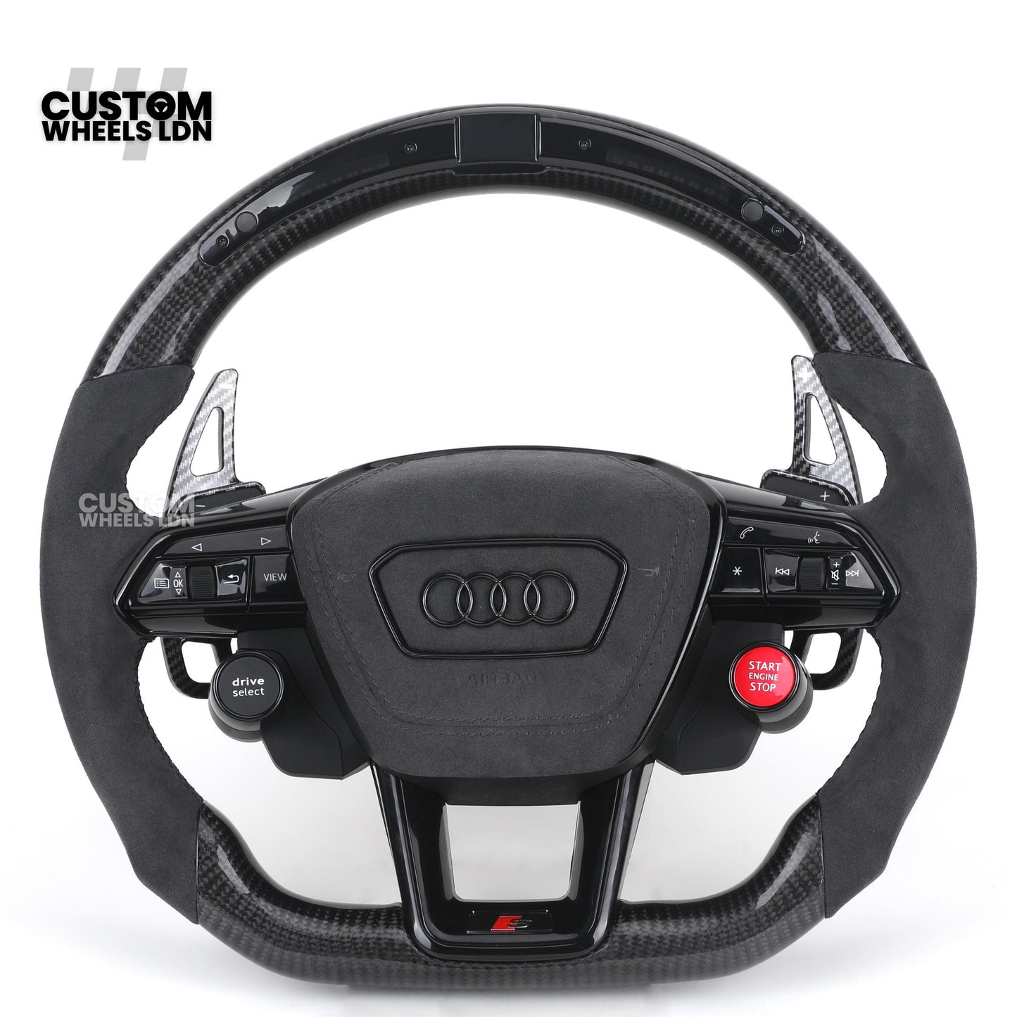 Audi Custom Q/RS Series Flat Bottom Steering Wheel – LED Rev Display, Alcantara Grip, Carbon Top & Bottom, Carbon Paddles, Start Button | Fits Q3, Q5, SQ5, Q7, Q8, SQ8, RSQ8, A6, A7, A8 (D5) | Plug & Play | With Airbag