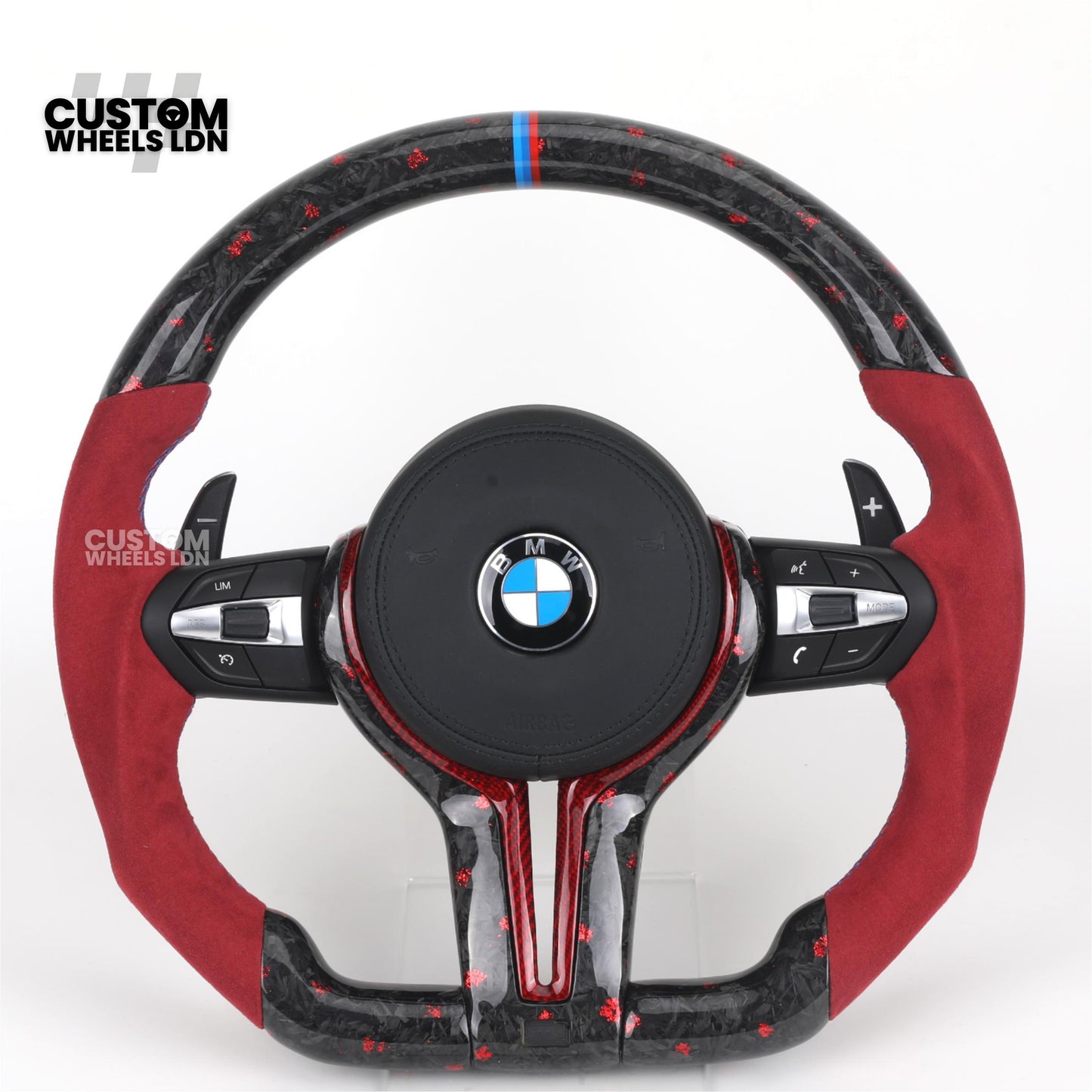 BMW Custom Forged Carbon Steering Wheel with Red Alcantara Grip & M Sport Stripe | Plug & Play Complete Wheel | Fits BMW F20 F21 F22 F23 F30 F31 F32 F33 F36 F80 F87 E82 E88 E90 E92 E93 + more