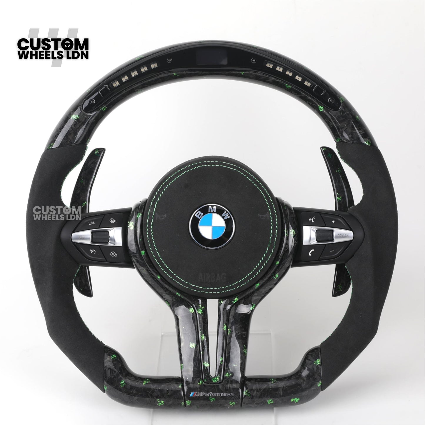 BMW Custom Green Forged Carbon LED Steering Wheel with Green Stitching | M Performance Style | Plug & Play | Fits F20 F22 F30 F32 F36 F80 F87 E90 E92 E93 + more