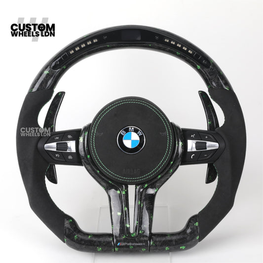 BMW Custom Green Forged Carbon LED Steering Wheel with Green Stitching | M Performance Style | Plug & Play | Fits F20 F22 F30 F32 F36 F80 F87 E90 E92 E93 + more