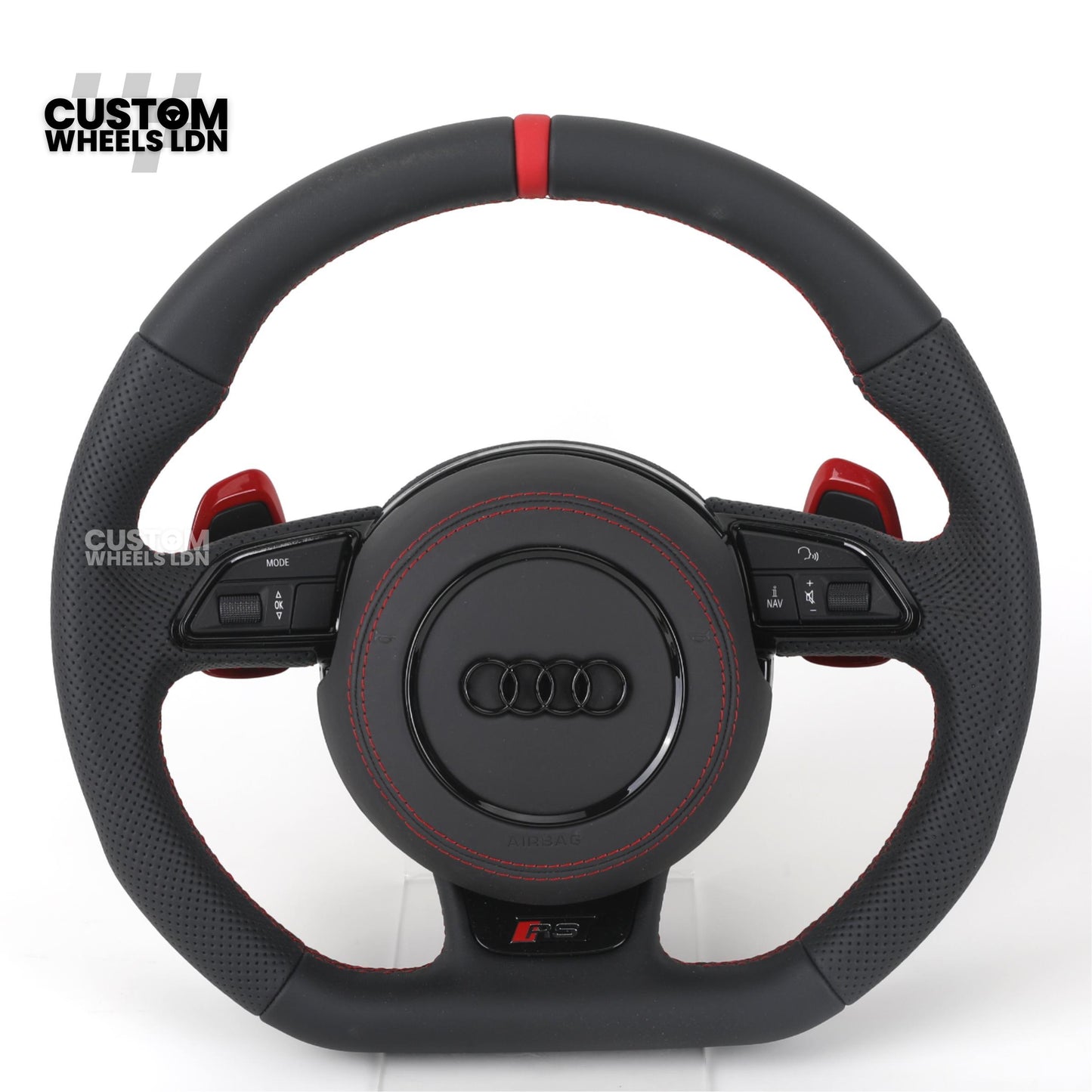 Audi Custom RS3 8V Flat Bottom Steering Wheel – Red Stitching, Red Paddles, Red Centre Stripe | Plug & Play | With Airbag