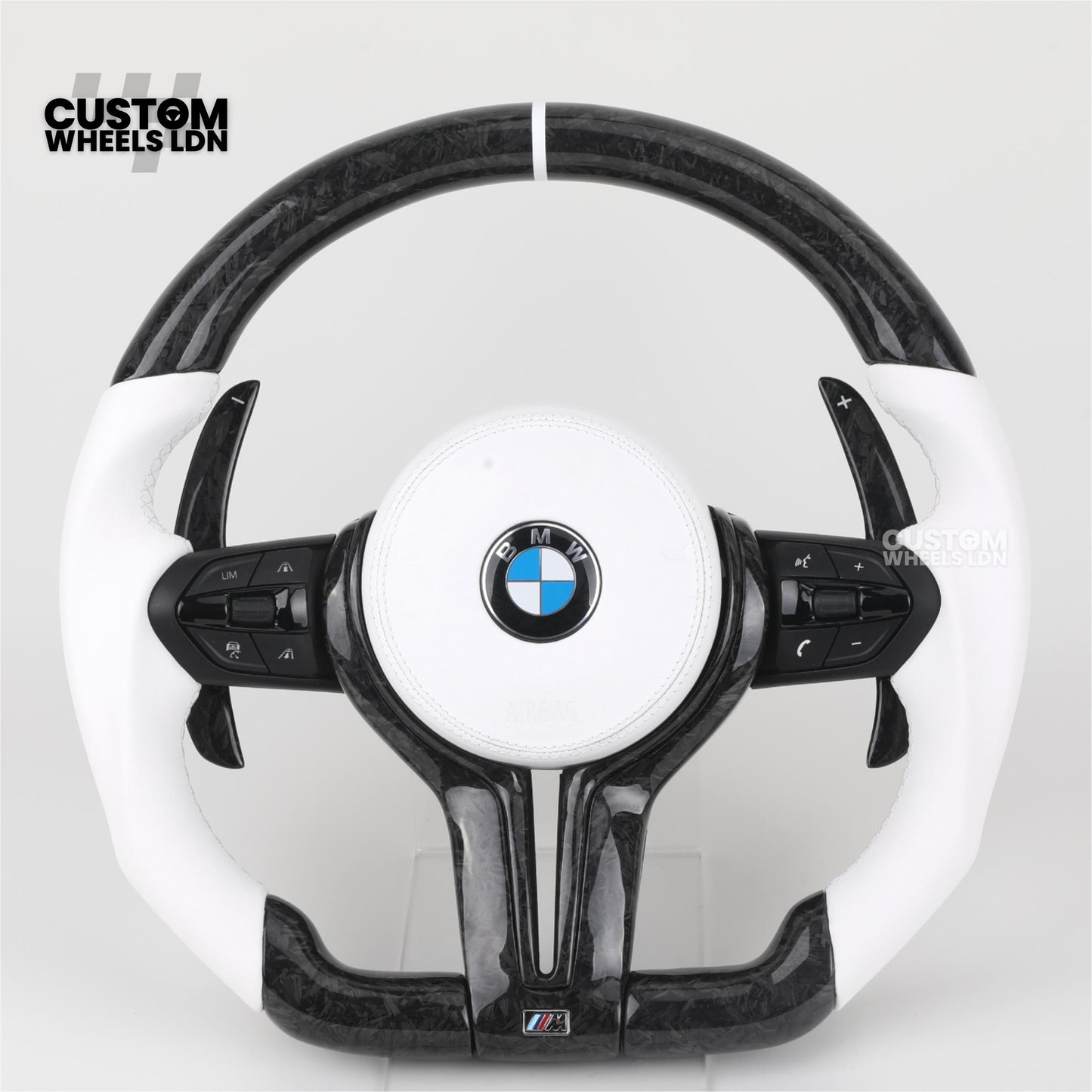 BMW Forged Carbon & White Leather Steering Wheel | Paddle Shifters | M Badge | Flat Bottom | Fits 1 2 3 4 5 Series (F & E Series) + more | Complete Plug & Play