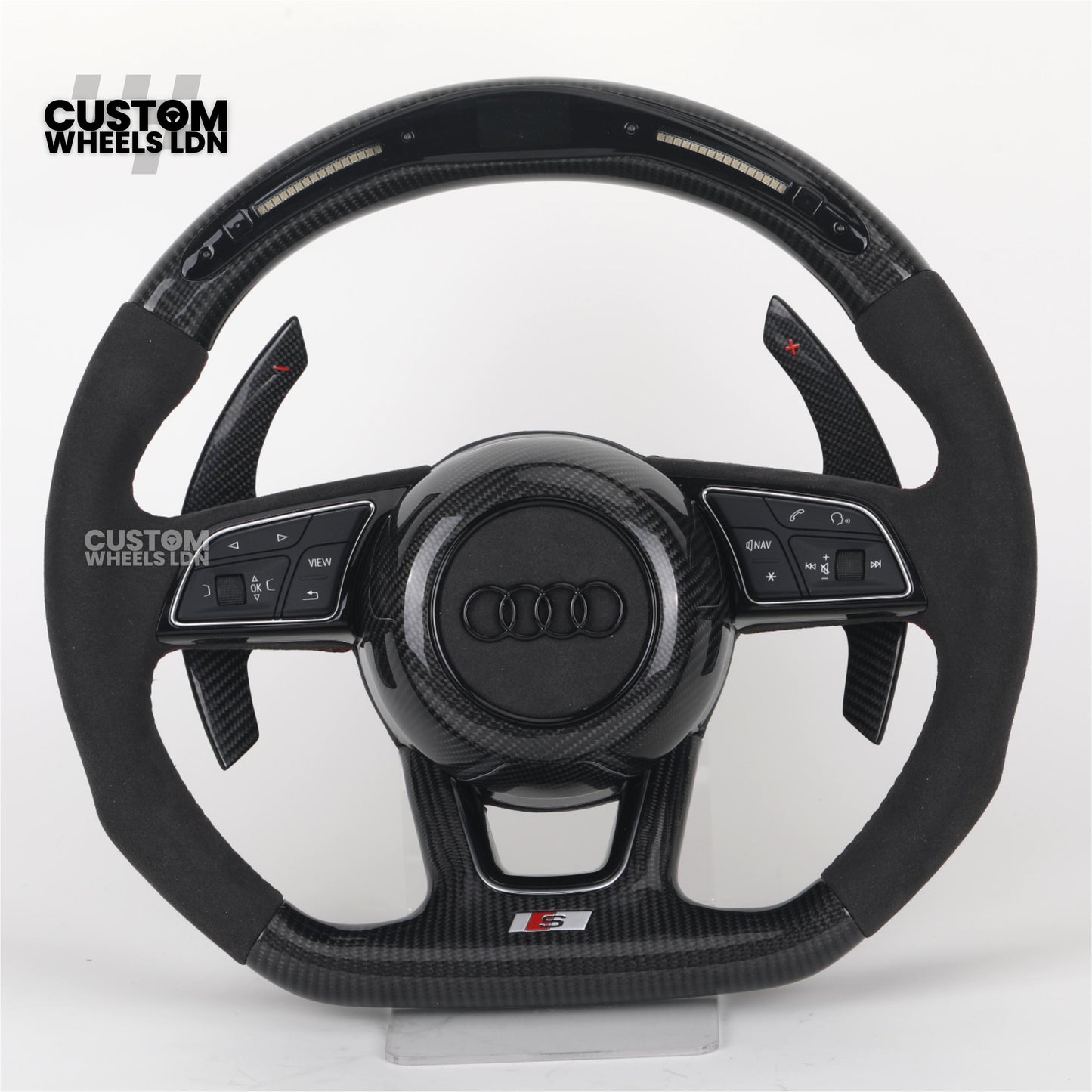 Audi Custom B9 Flat Bottom Steering Wheel – LED Rev Display, Alcantara Grip, Carbon Top & Bottom, Carbon Paddles | Fits A3, S3, RS3, A4, S4, A5, S5, Q5, SQ5, A6, A7 + more | Plug & Play | With Airbag | Upgrade for Older Models Available