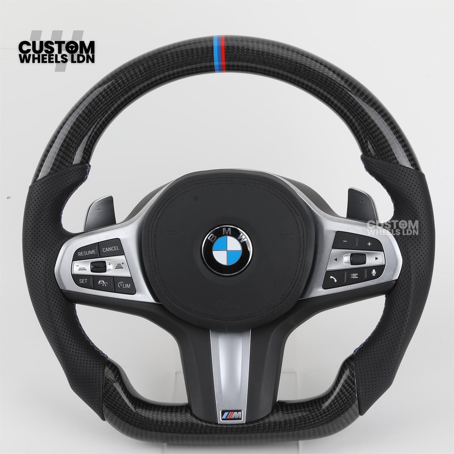 BMW Custom G Series Carbon Steering Wheel – Flat Bottom – Brushed Silver Trim – Fits G20 G21 G22 G23 G30 G31 G32 G14 G15 G16 G01 G02 + more