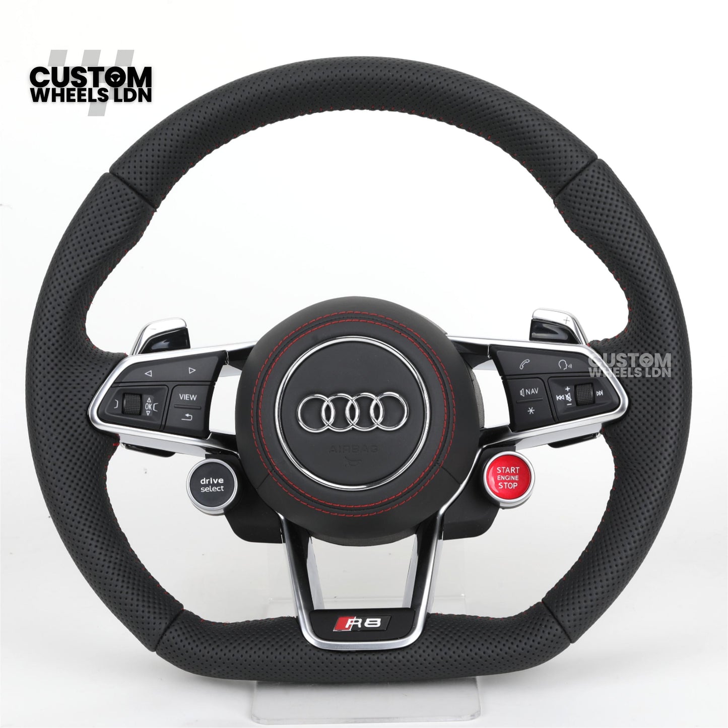 Audi Custom R8-Style Flat Bottom Steering Wheel – Perforated Leather, Red Stitching, Silver Paddles, Start Button | Fits A4, A5, S5, A6, A7, S6, S7, Q5, SQ5 + more | Plug & Play | With Airbag | Upgrade for Older Models Available