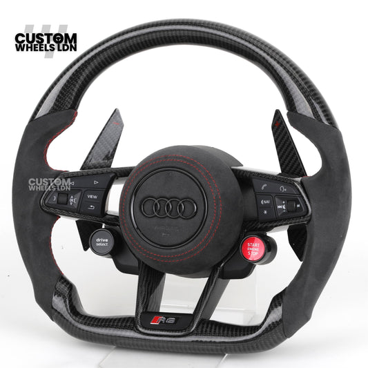 Audi Custom R8-Style Flat Bottom Steering Wheel – Alcantara Grip, Carbon Top & Bottom, Red Stitching, Carbon Paddles, Start Button | Fits A4, A5, S5, A6, A7, S6, S7, Q5, SQ5 + more | Plug & Play | With Airbag | Upgrade for Older Models Available