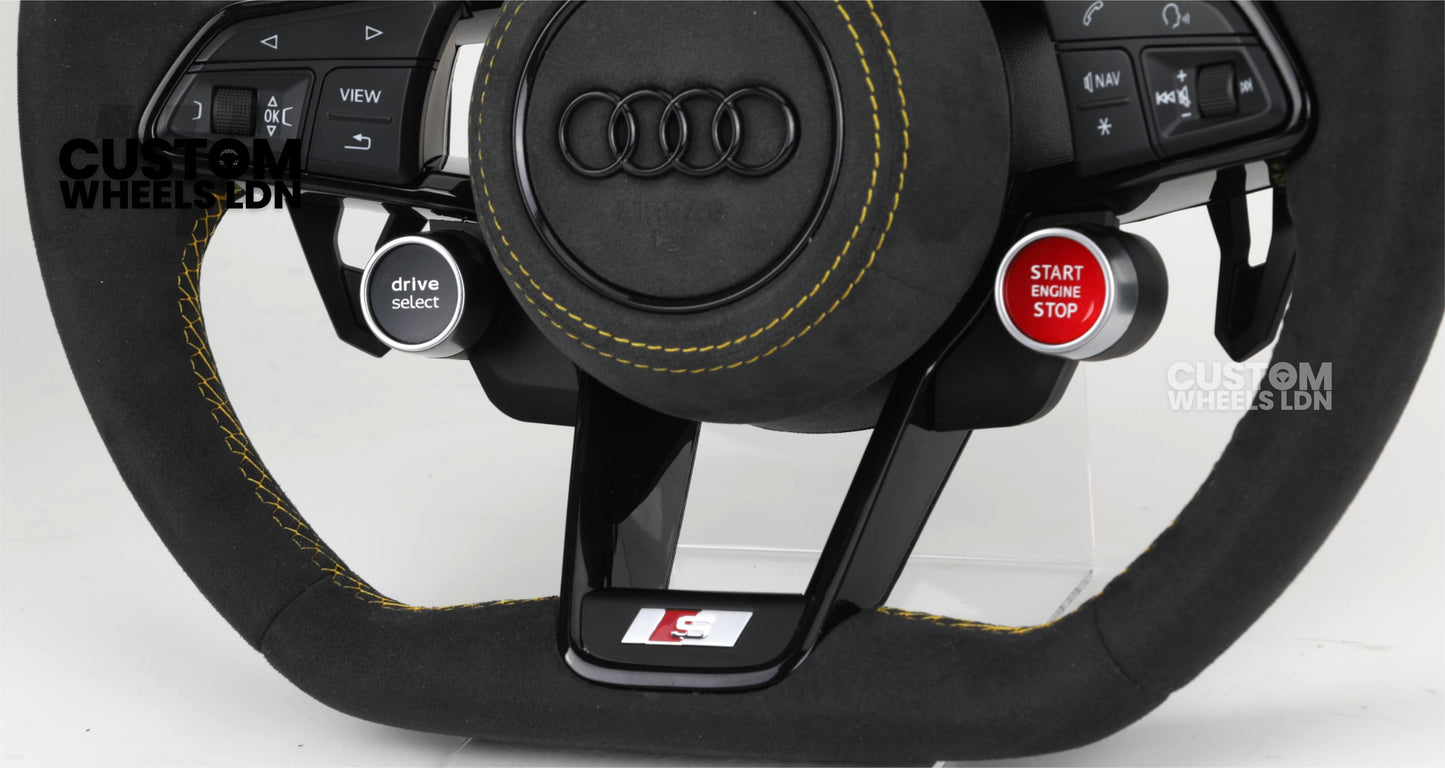 Audi Custom R8-Style Flat Bottom Steering Wheel – Alcantara Grip, Yellow Stitching, Black Paddles, Start Button | Fits A4, A5, S5, A6, A7, S6, S7, Q5, SQ5 + more | Plug & Play | With Airbag | Upgrade for Older Models Available