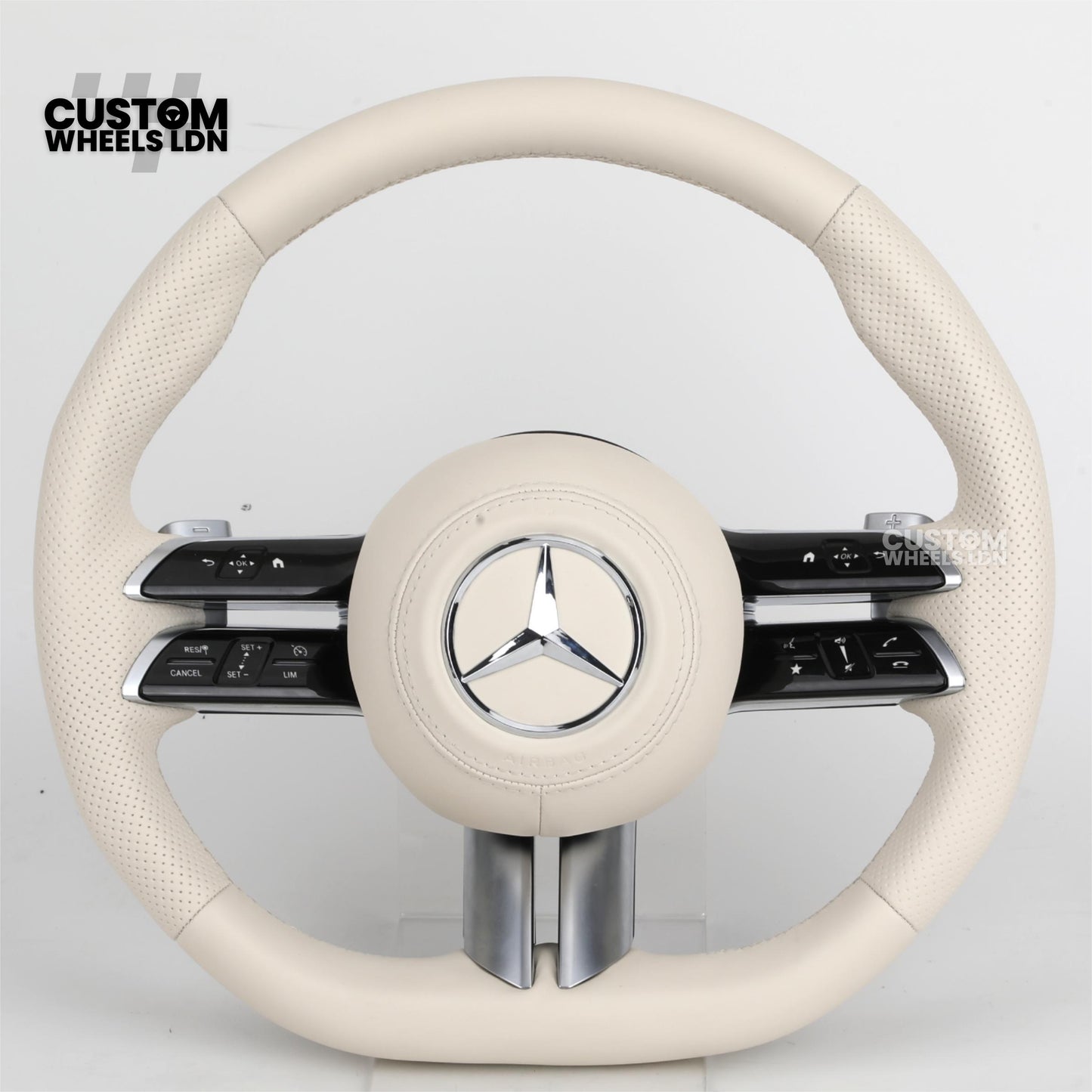 Mercedes Custom W223 Flat Bottom Steering Wheel – Beige Leather, Gloss Black Trim, Touch Control Buttons | Fits S-Class W223, GLE, GLS, E-Class W213 Facelift + more | Plug & Play | With Airbag | Retrofit Upgrade for Older Models Available