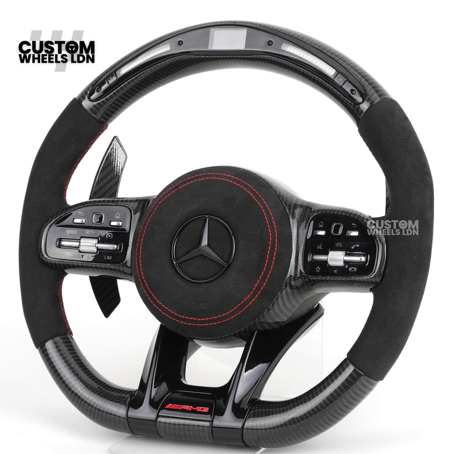 Mercedes Custom AMG Flat Bottom Steering Wheel – Alcantara & Carbon Fibre, Red Stitching, LED Display, Black Trim, Touch Buttons, AMG Badge | Fits C-Class, E-Class, CLS, GLC, GLE, G-Class + more | Plug & Play | Retrofit Upgrade for Older Model available