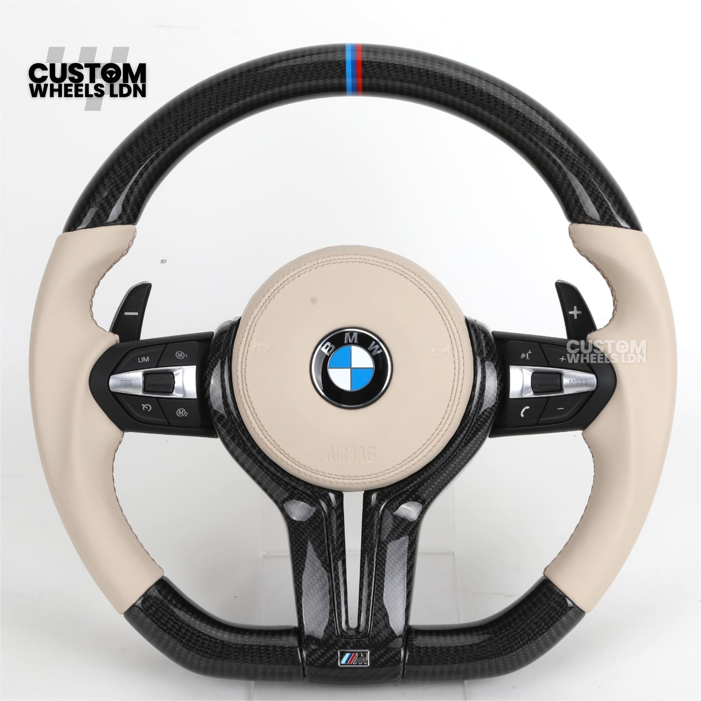 BMW Custom F-Series Carbon & Cream Leather Steering Wheel – M Stripe | Fits F20 F22 F30 F32 F36 M2 M3 M4 + more