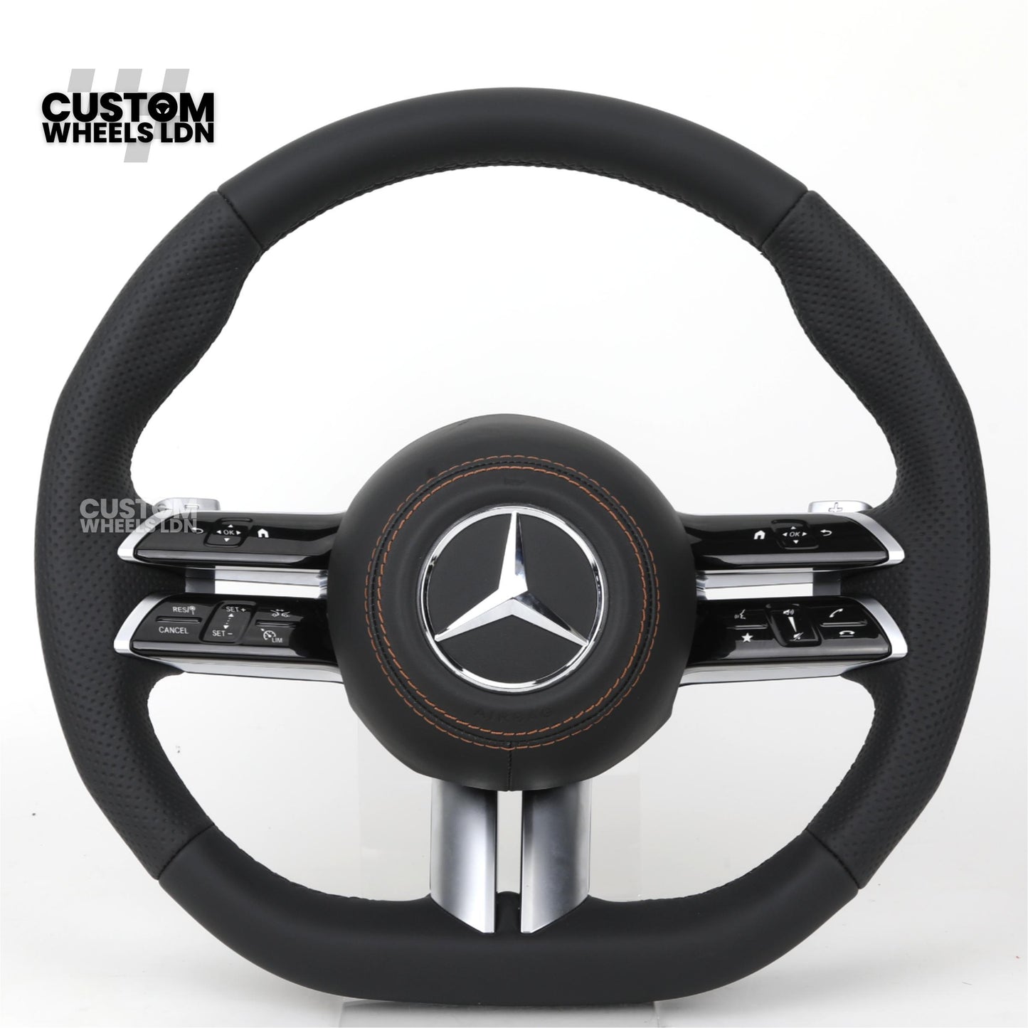 Mercedes Custom W223 Flat Bottom Steering Wheel – Black Leather, Tan Stitching, Silver Trim, Touch Control Buttons | Fits S-Class W223, GLE, GLS, E-Class W213 Facelift + more | Plug & Play | With Airbag | Retrofit Upgrade for Older Models Available
