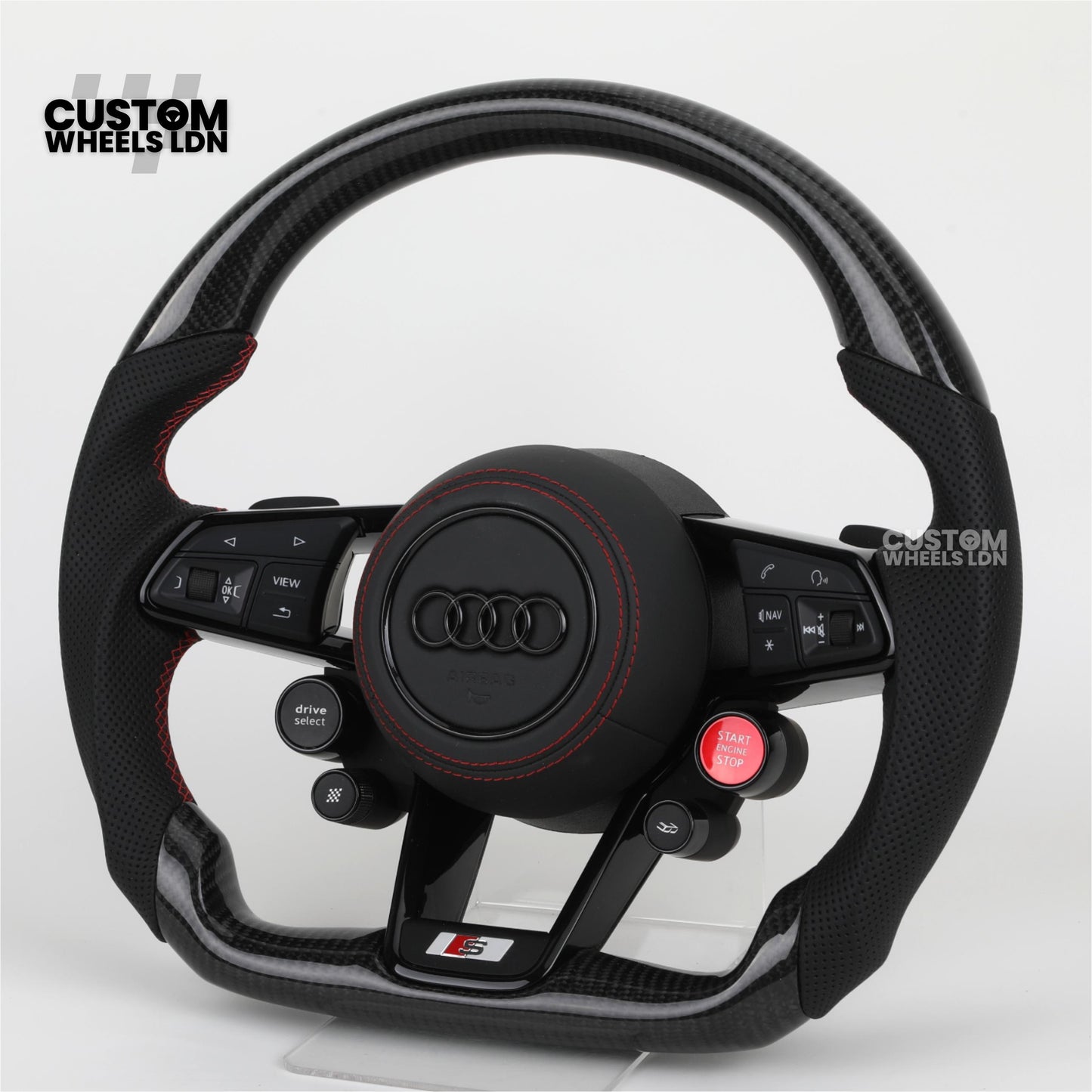 Audi Custom R8-Style Flat Bottom Steering Wheel – Carbon Top & Bottom, Red Stitching, Standard Paddles, Start Button | Fits A4, A5, S5, A6, A7, S6, S7, Q5, SQ5 + more | Plug & Play | With Airbag | Upgrade for Older Models Available