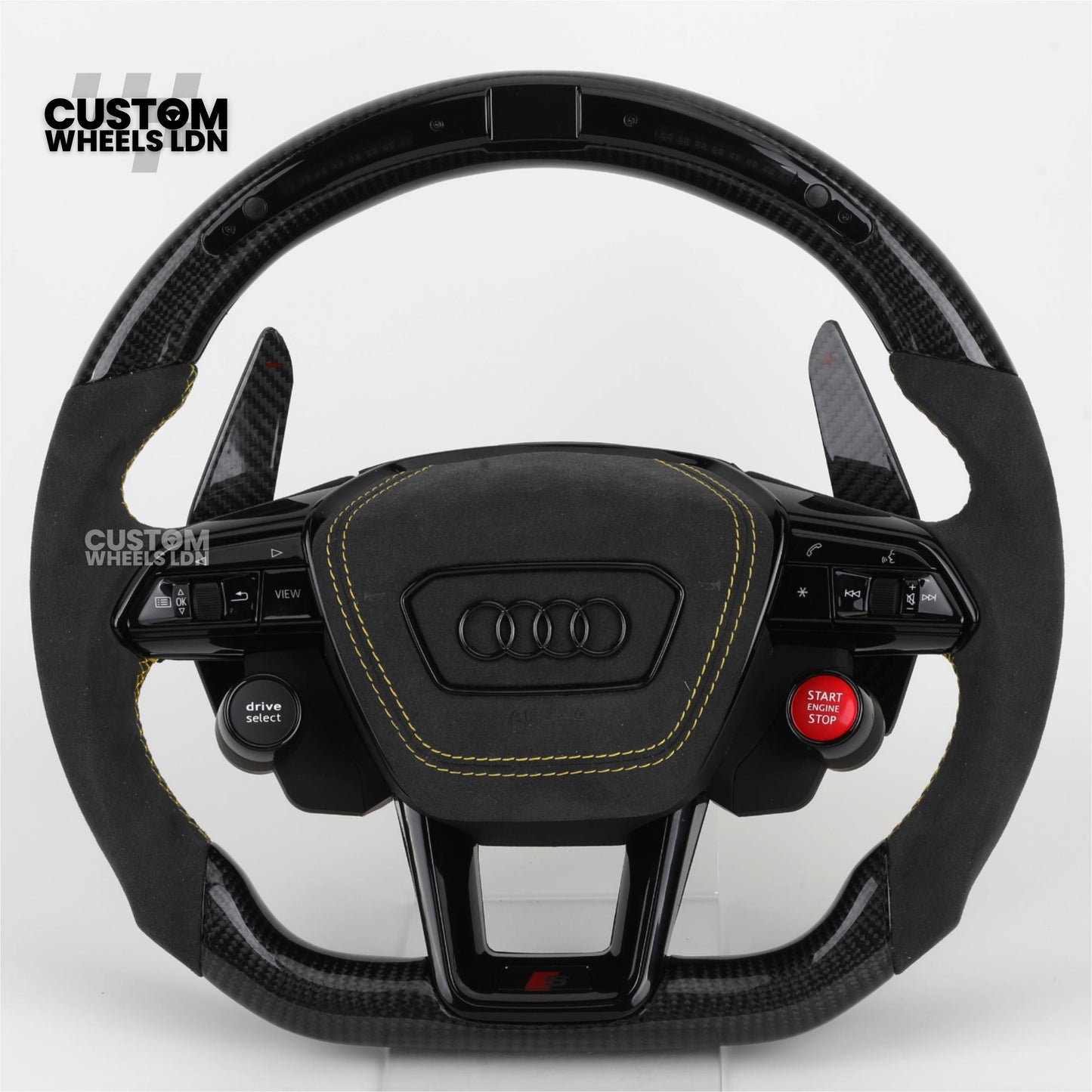 Audi Custom Q/RS Flat Bottom Steering Wheel – LED Rev Display, Alcantara Grip, Yellow Stitching, Carbon Paddles, Start Button | Fits Q3, Q5, SQ5, Q7, Q8, SQ8, RSQ8, A6, A7, S6, S7 + more | Plug & Play | With Airbag | Upgrade for Older Models Available