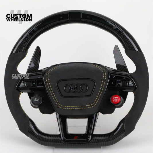 Audi Custom Q/RS Flat Bottom Steering Wheel – LED Rev Display, Alcantara Grip, Yellow Stitching, Carbon Paddles, Start Button | Fits Q3, Q5, SQ5, Q7, Q8, SQ8, RSQ8, A6, A7, S6, S7 + more | Plug & Play | With Airbag | Upgrade for Older Models Available