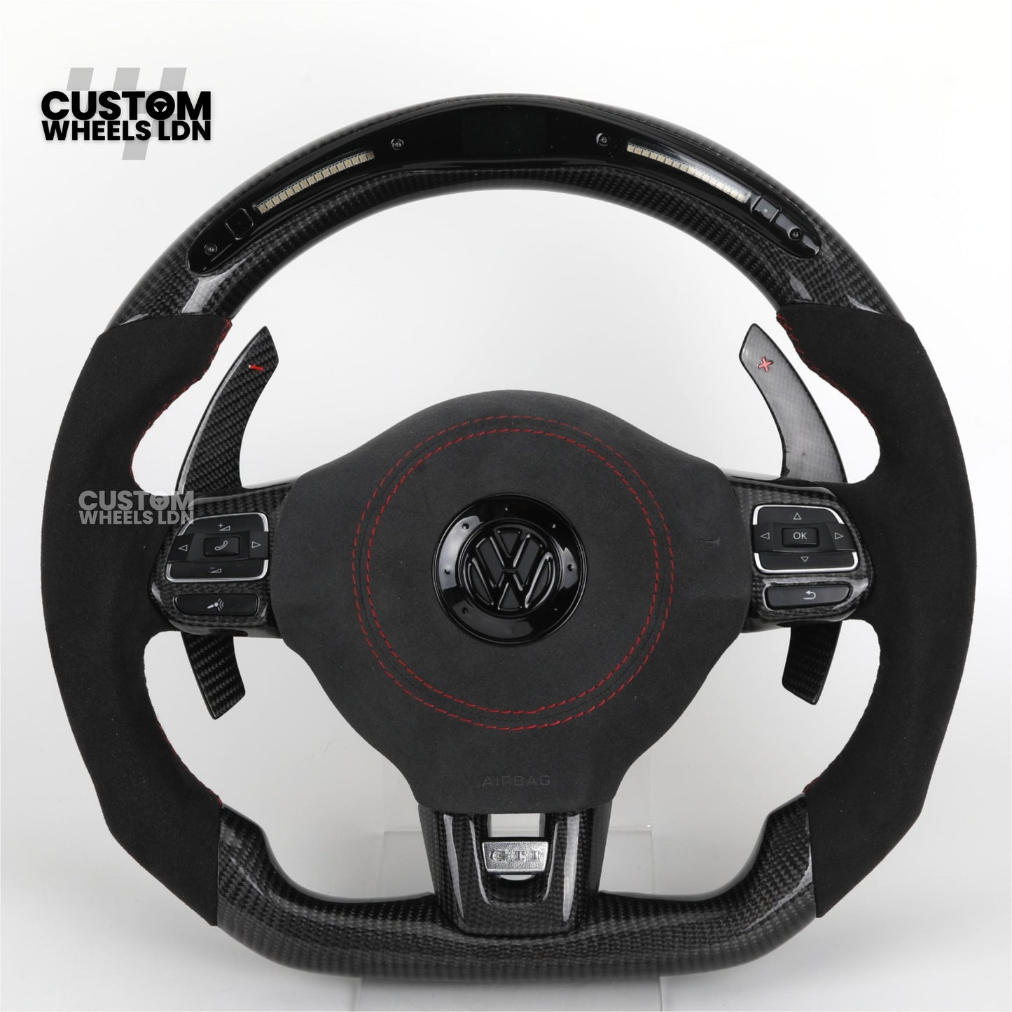 Volkswagen MK6 Custom Steering Wheel – LED Display | Alcantara & Carbon Fibre | Red Stitching | Paddle Shifters | Complete Steering Wheel | Plug & Play | Fits Golf GTI / R + more
