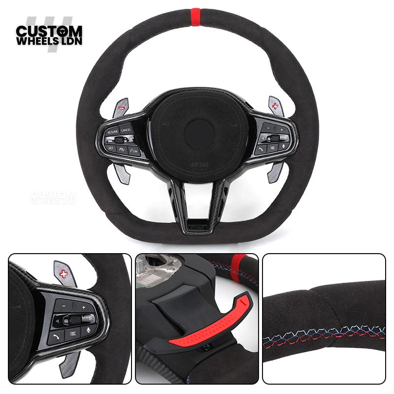 BMW Custom LCI-Style Flat Bottom Steering Wheel – Alcantara, Carbon Fibre Trims, M-Coloured Stitching, Red M Buttons, Carbon Paddles | Fits G80 M3, G82 M4, G20 3 Series, G22 4 Series, G30 5 Series + more | Plug & Play | Retrofit Upgrade for Older Models