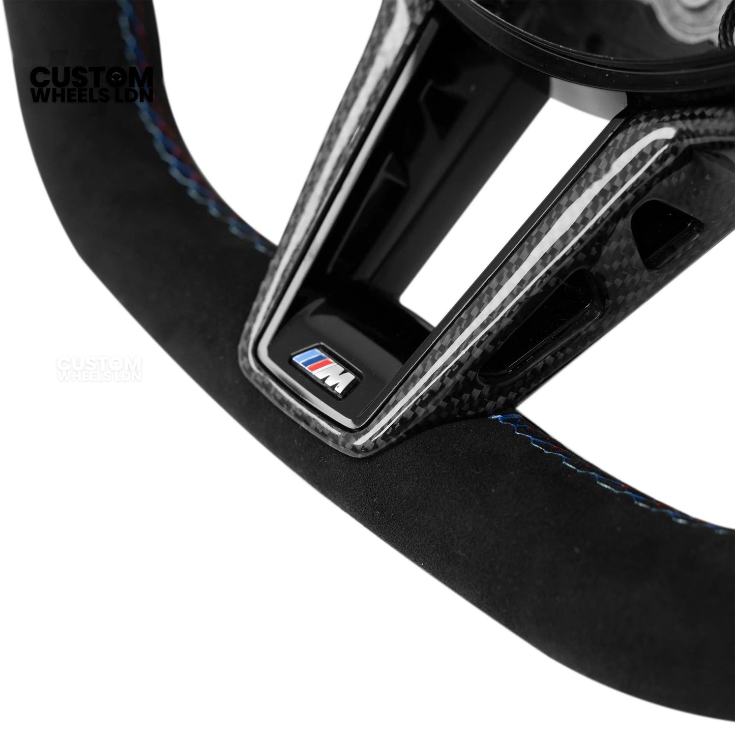 BMW Custom LCI-Style Flat Bottom Steering Wheel – Alcantara, Carbon Fibre Trims, M-Coloured Stitching, Red M Buttons, Carbon Paddles | Fits G80 M3, G82 M4, G20 3 Series, G22 4 Series, G30 5 Series + more | Plug & Play | Retrofit Upgrade for Older Models