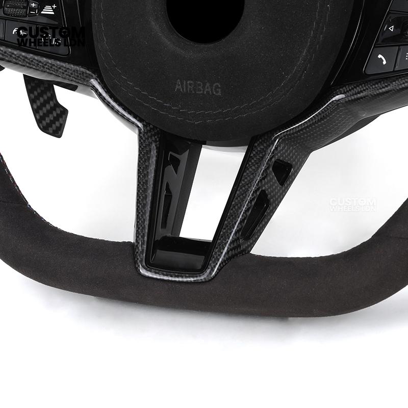 BMW Custom LCI-Style Flat Bottom Steering Wheel – Alcantara, Carbon Fibre Trims, M-Coloured Stitching, Red M Buttons, Carbon Paddles | Fits G80 M3, G82 M4, G20 3 Series, G22 4 Series, G30 5 Series + more | Plug & Play | Retrofit Upgrade for Older Models