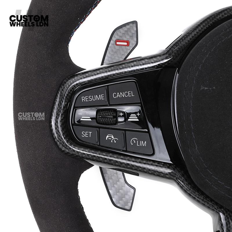 BMW Custom LCI-Style Flat Bottom Steering Wheel – Alcantara, Carbon Fibre Trims, M-Coloured Stitching, Red M Buttons, Carbon Paddles | Fits G80 M3, G82 M4, G20 3 Series, G22 4 Series, G30 5 Series + more | Plug & Play | Retrofit Upgrade for Older Models