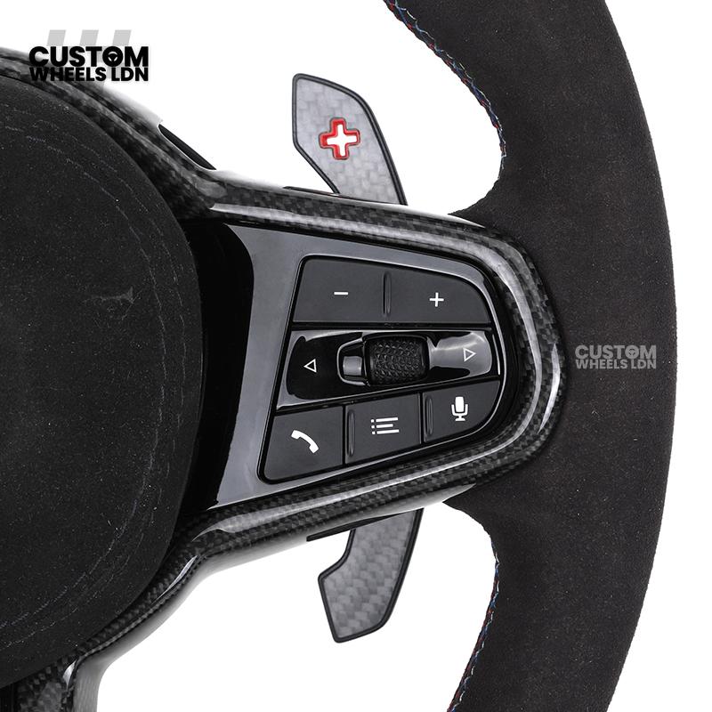 BMW Custom LCI-Style Flat Bottom Steering Wheel – Alcantara, Carbon Fibre Trims, M-Coloured Stitching, Red M Buttons, Carbon Paddles | Fits G80 M3, G82 M4, G20 3 Series, G22 4 Series, G30 5 Series + more | Plug & Play | Retrofit Upgrade for Older Models