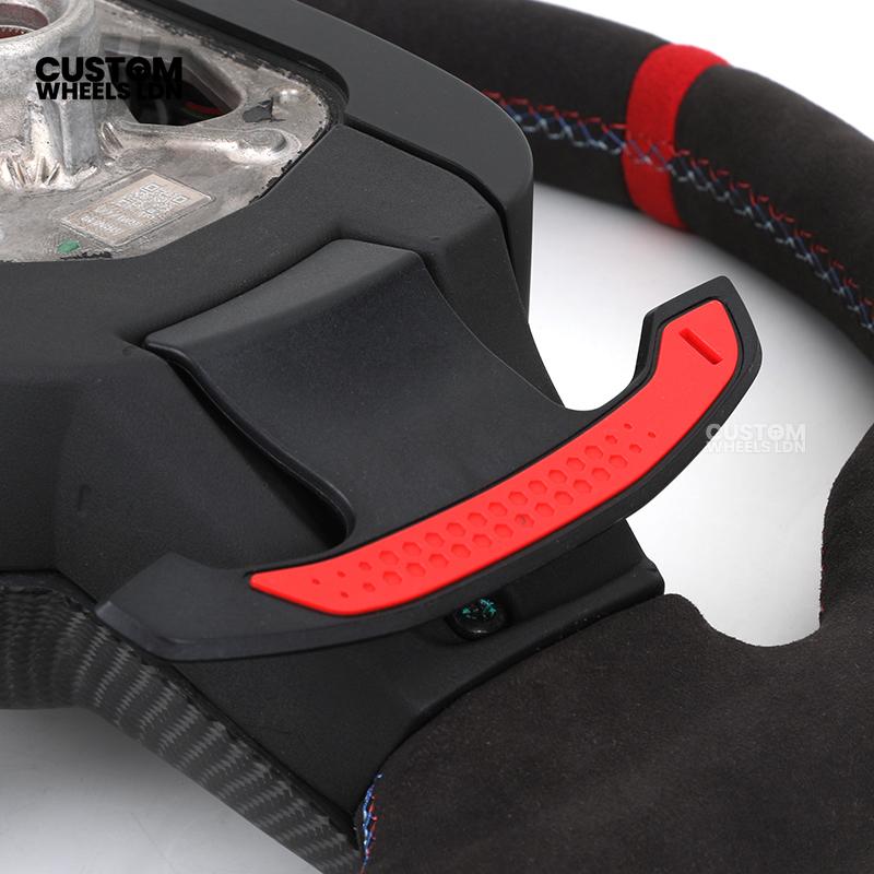BMW Custom LCI-Style Flat Bottom Steering Wheel – Alcantara, Carbon Fibre Trims, M-Coloured Stitching, Red M Buttons, Carbon Paddles | Fits G80 M3, G82 M4, G20 3 Series, G22 4 Series, G30 5 Series + more | Plug & Play | Retrofit Upgrade for Older Models